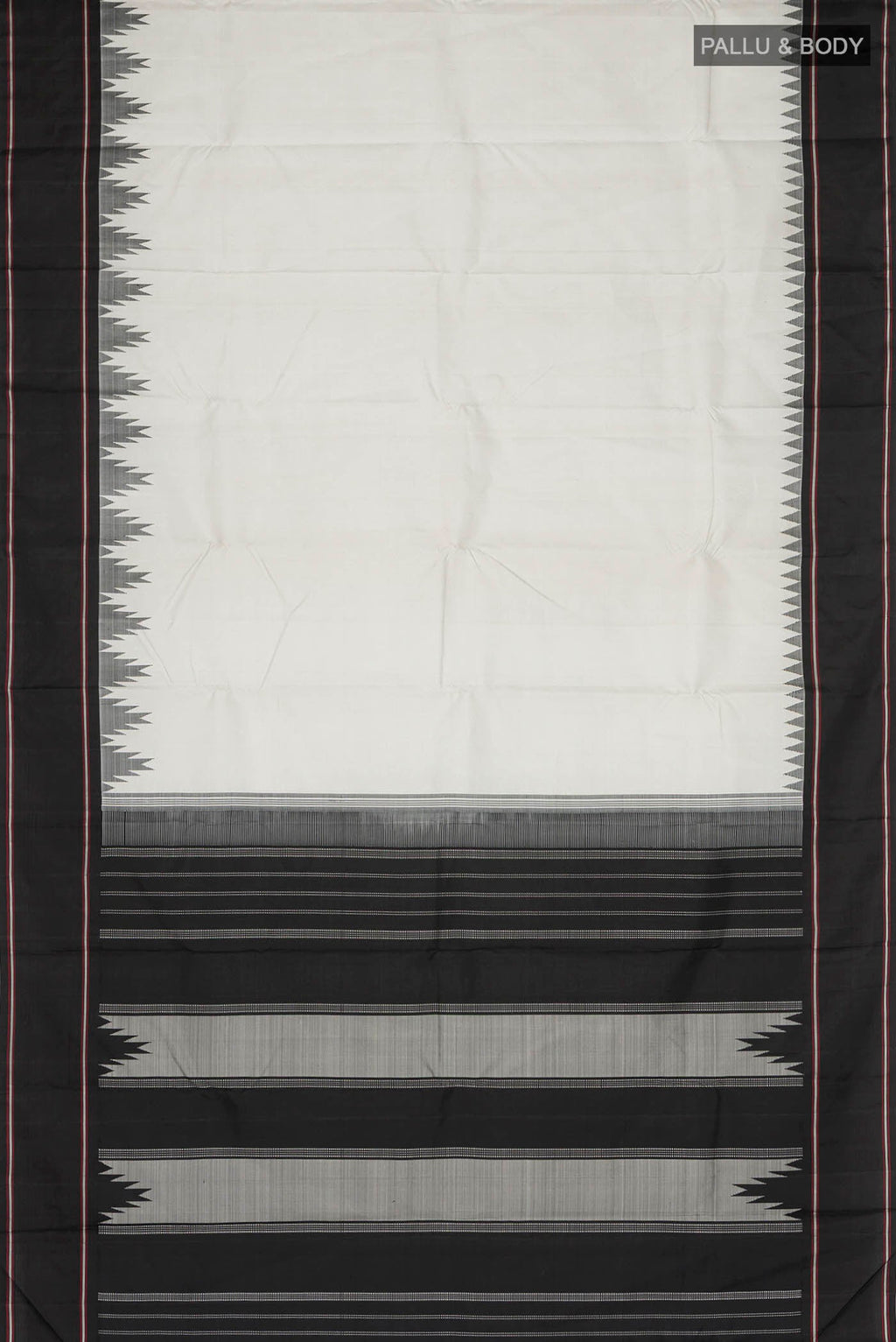 Flat view of Grey Kanchipuram Silk Saree with Plain Body and Temple Border