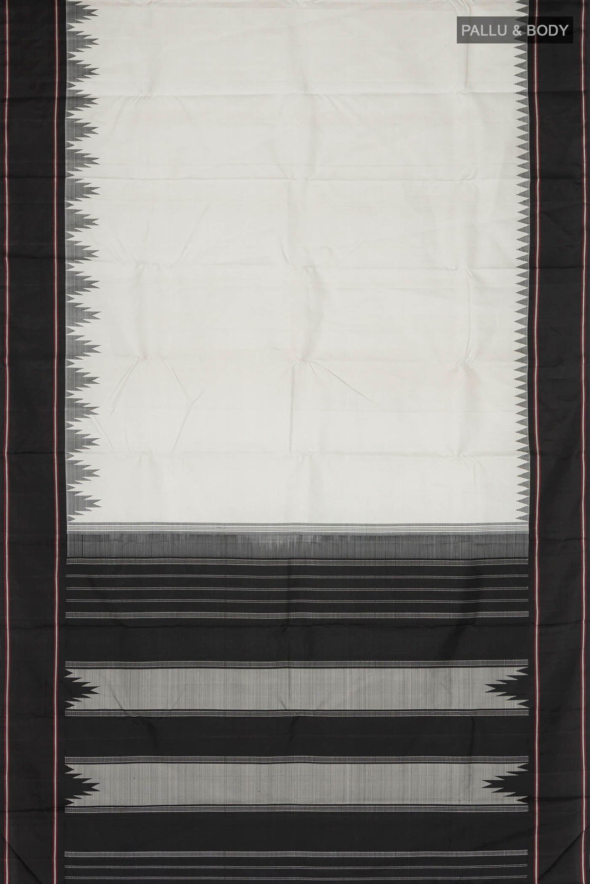 Flat view of Grey Kanchipuram Silk Saree with Plain Body and Temple Border