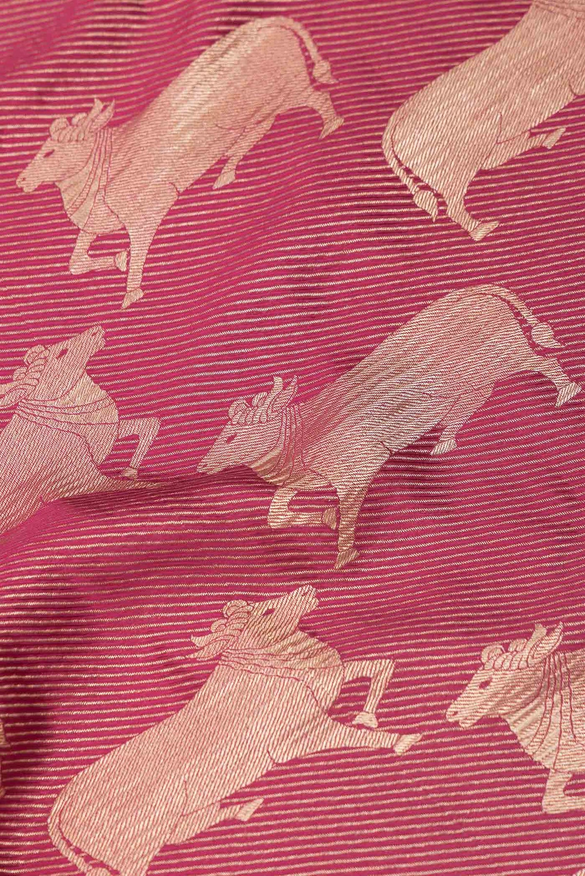 Close up of Pink Mysore Crepe Saree with Plain Body and Zari Border displaying folds