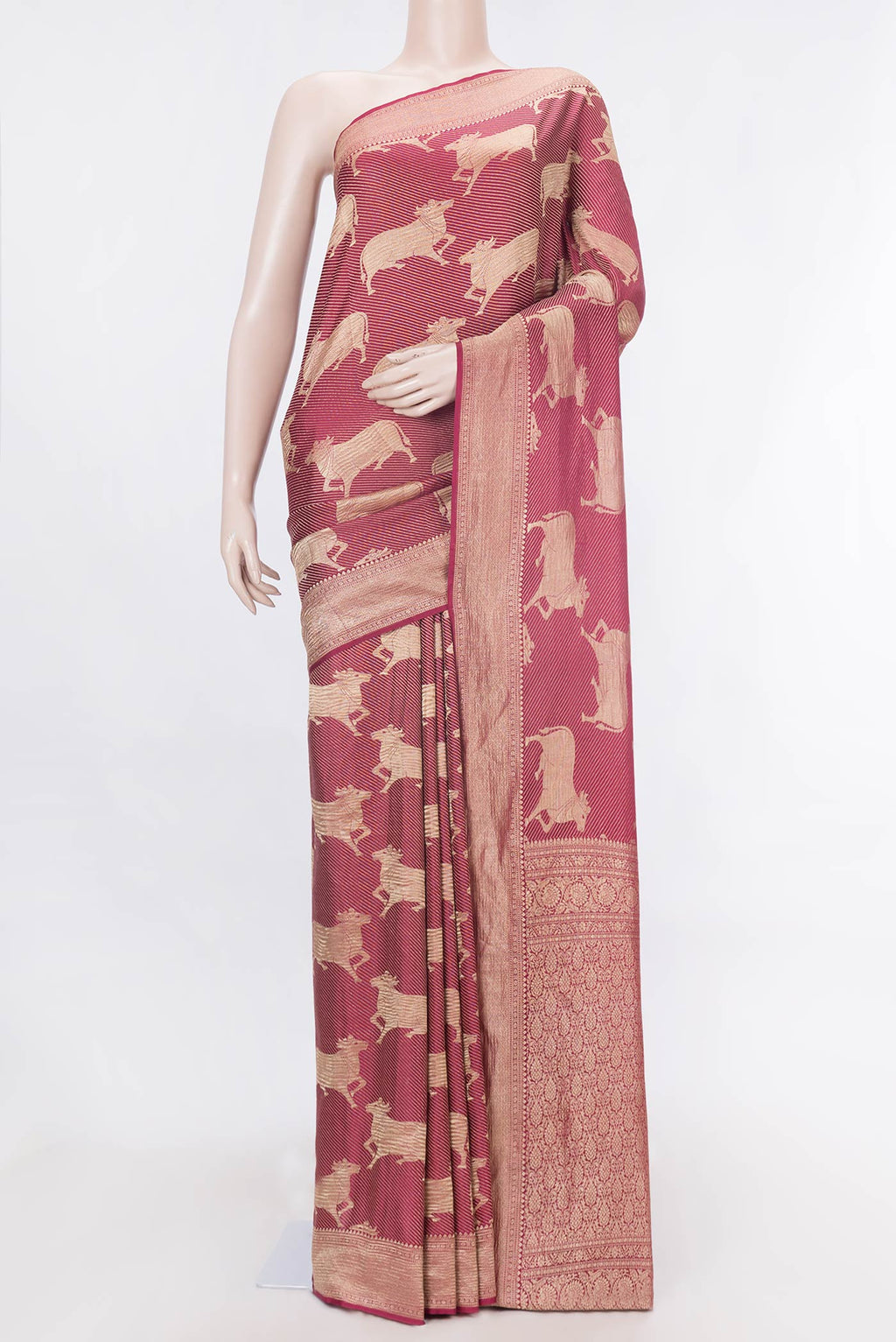 Pink Mysore Crepe Saree with Plain Body and Zari Border displayed on a mannequin