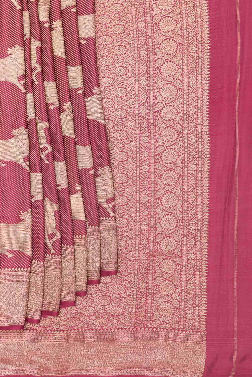 Pleats and pallu of Pink Mysore Crepe Saree with Plain Body and Zari Border
