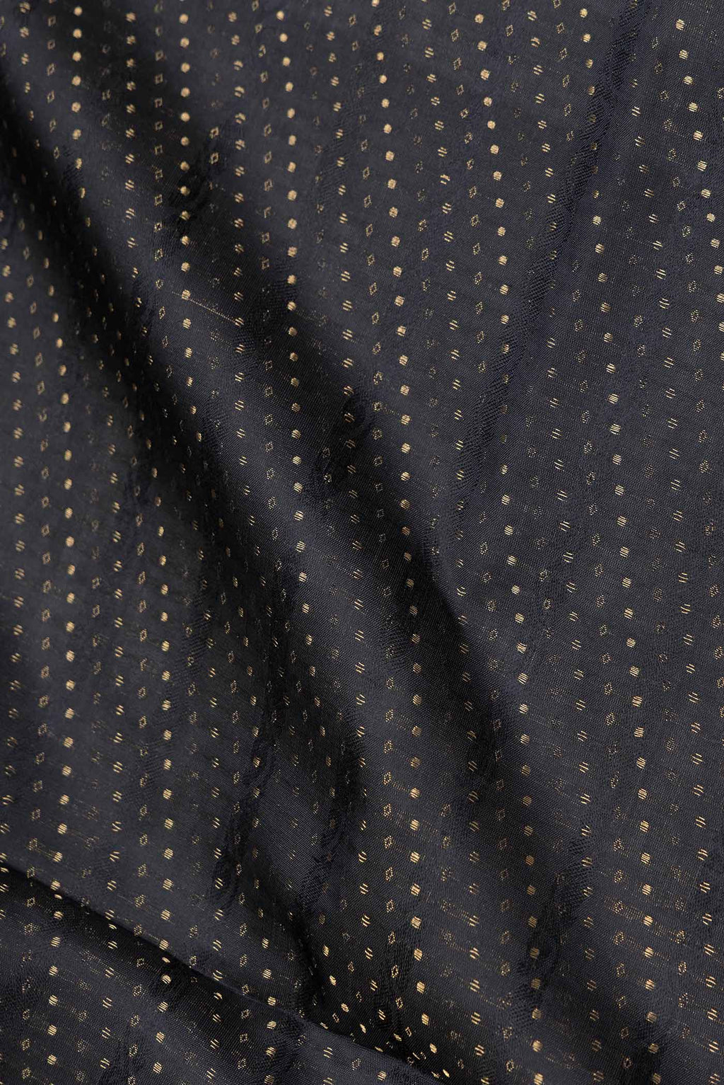 Close up of Black Dual Tone Soft Silk Saree with Zari Brocade on the body and Zari Border.  displaying folds