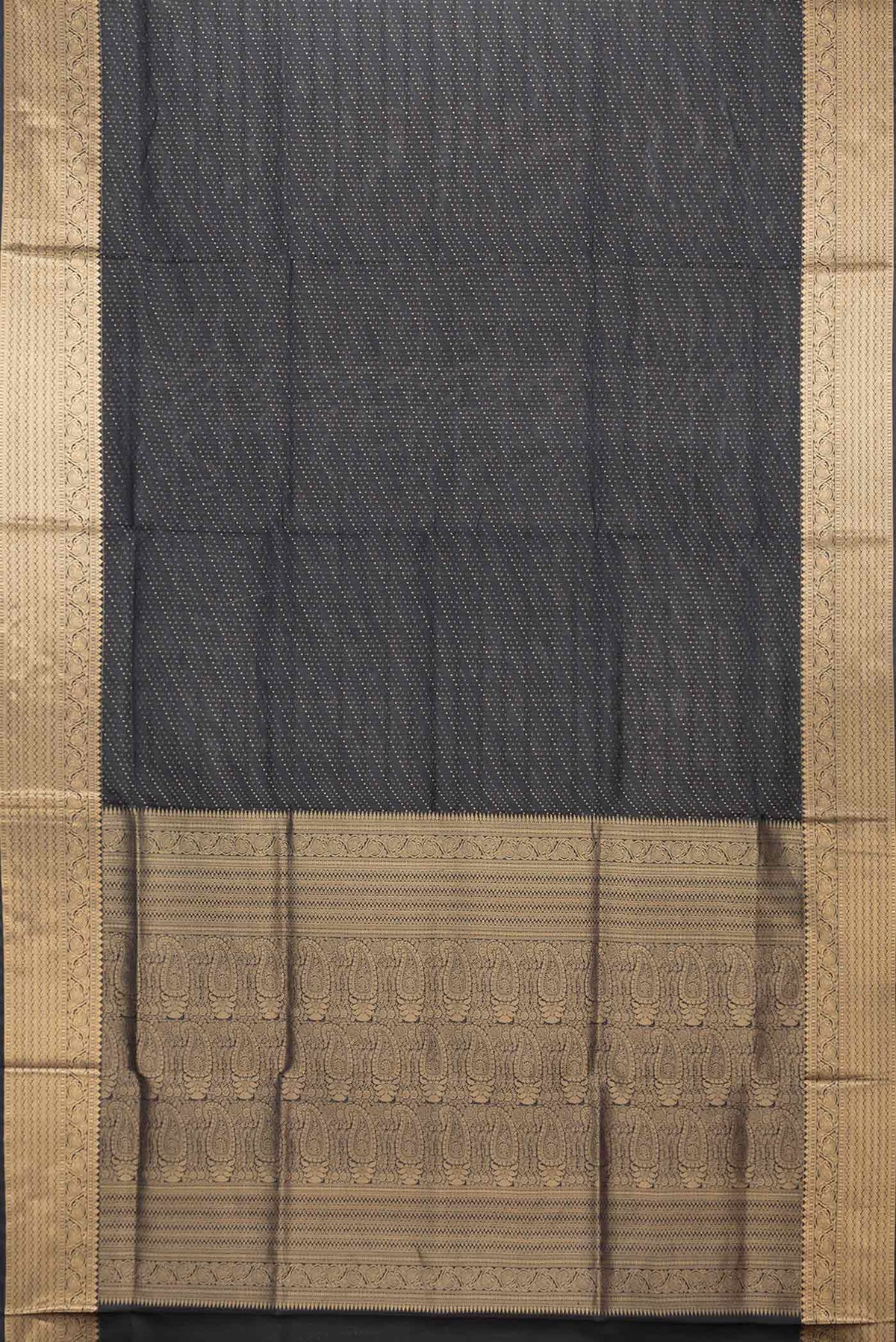 Flat view of Black Dual Tone Soft Silk Saree with Zari Brocade on the body and Zari Border. 