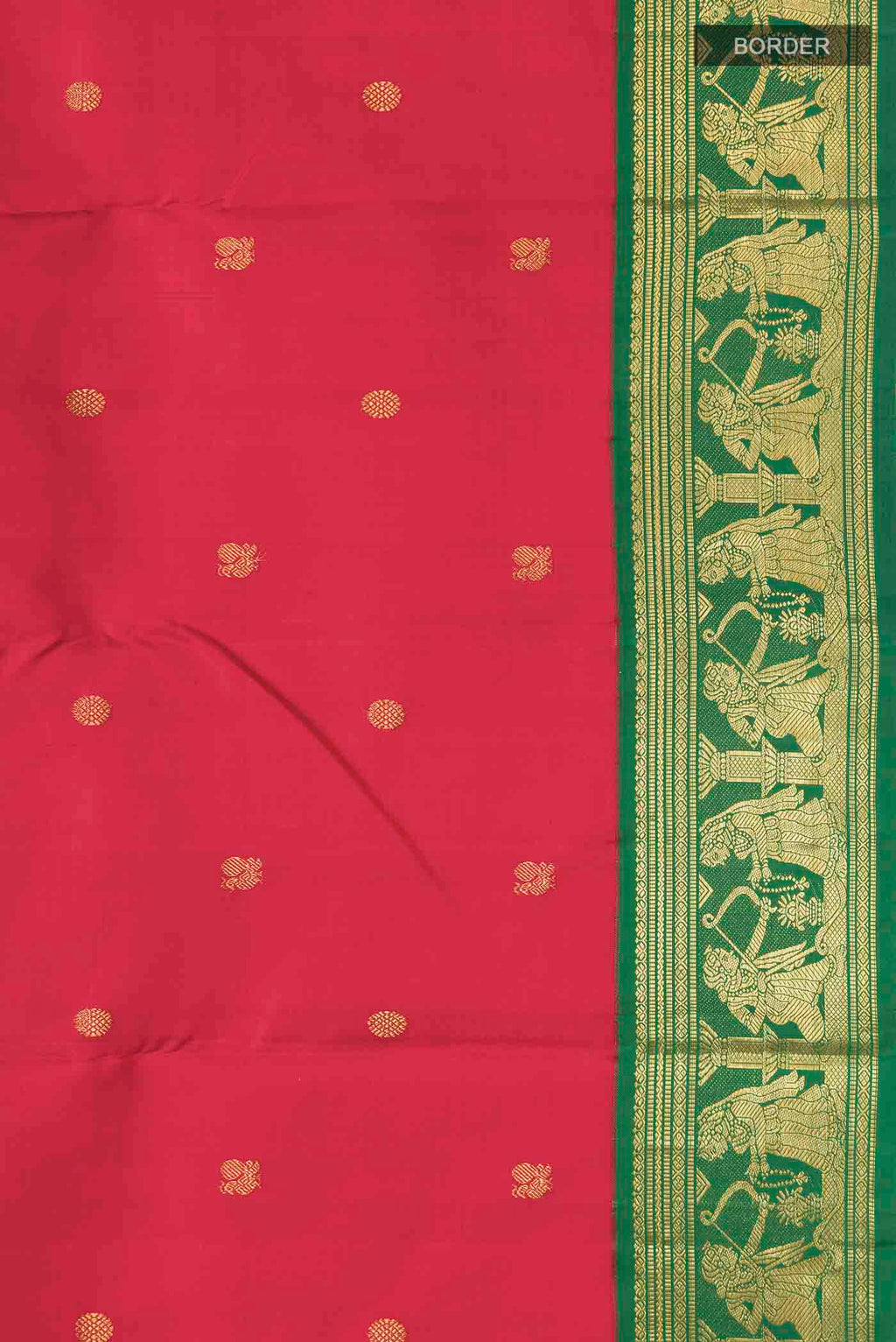 Border image of Red Kanchipuram Silk Saree with Zari Butta on the body and Zari Border
