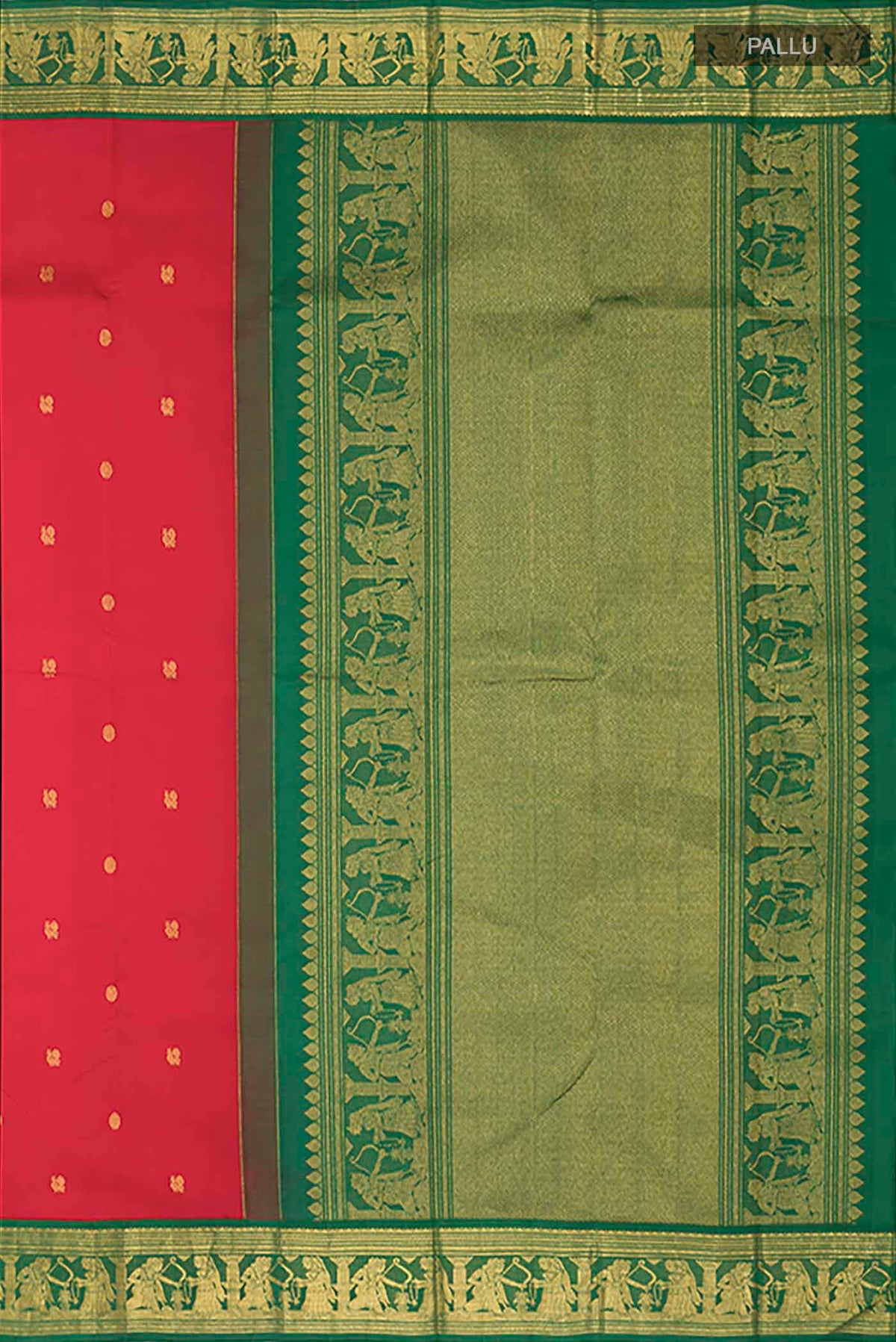 Close up image of the pallu of Red Kanchipuram Silk Saree with Zari Butta on the body and Zari Border
