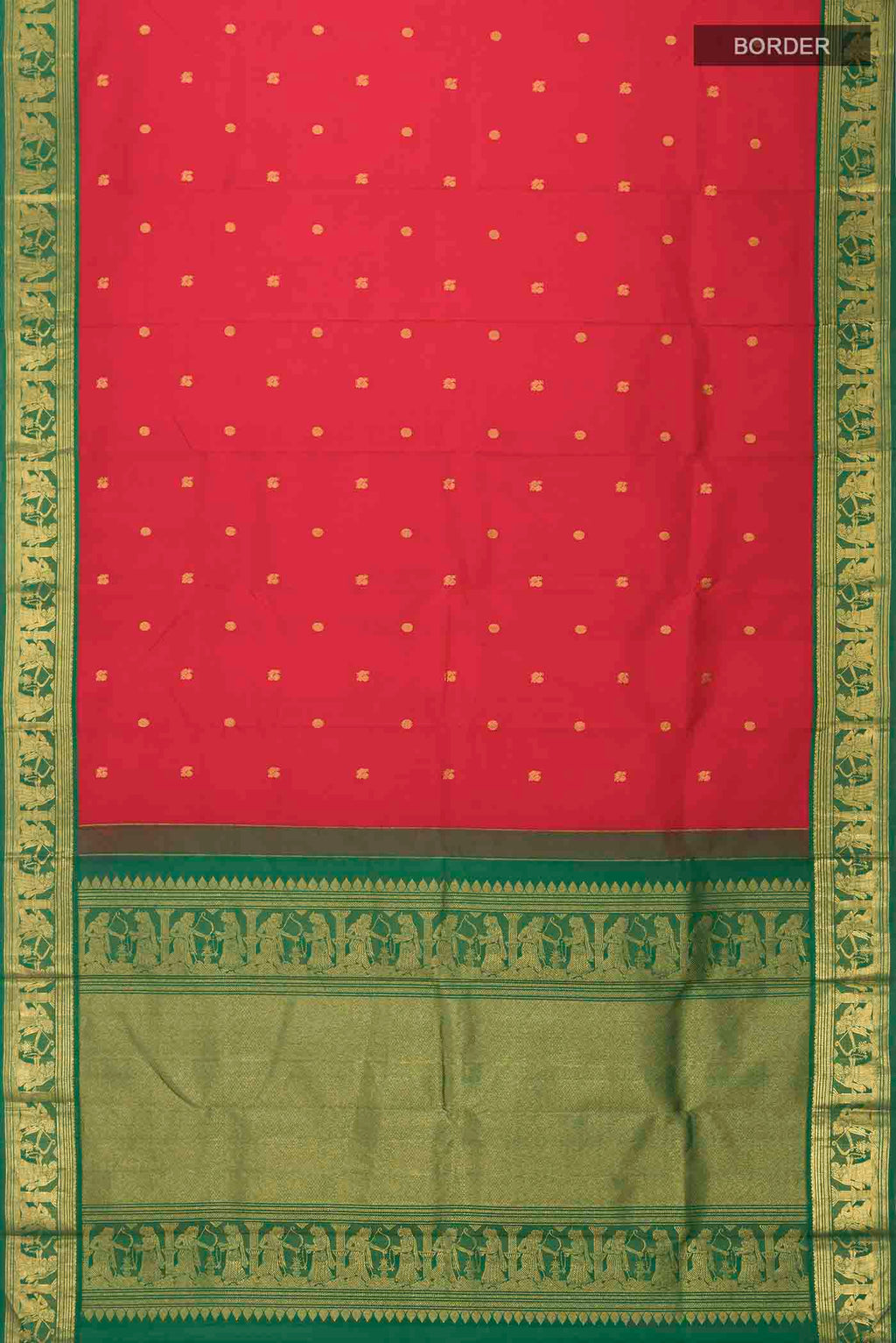 Flat view of Red Kanchipuram Silk Saree with Zari Butta on the body and Zari Border