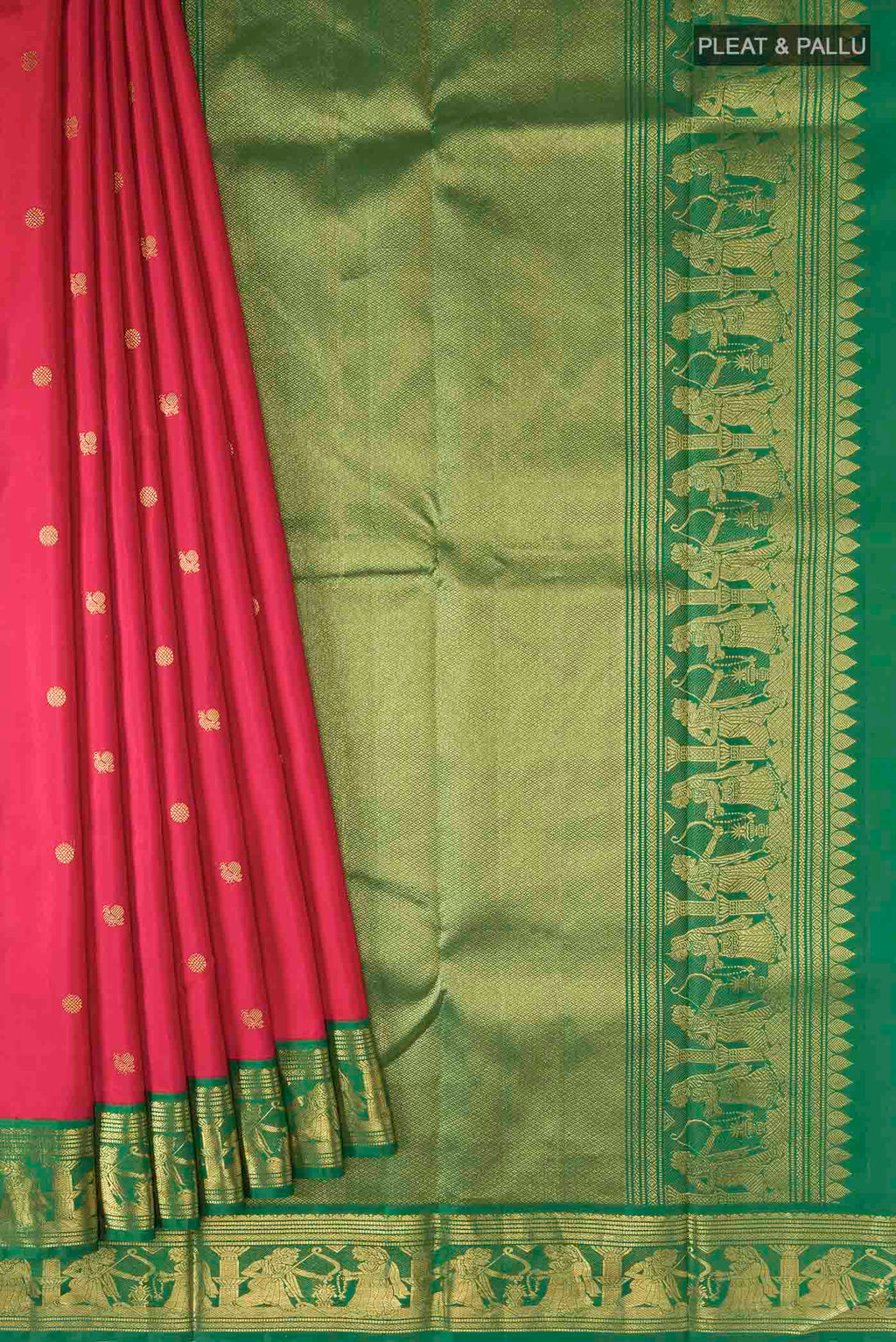 Pleats and pallu of Red Kanchipuram Silk Saree with Zari Butta on the body and Zari Border