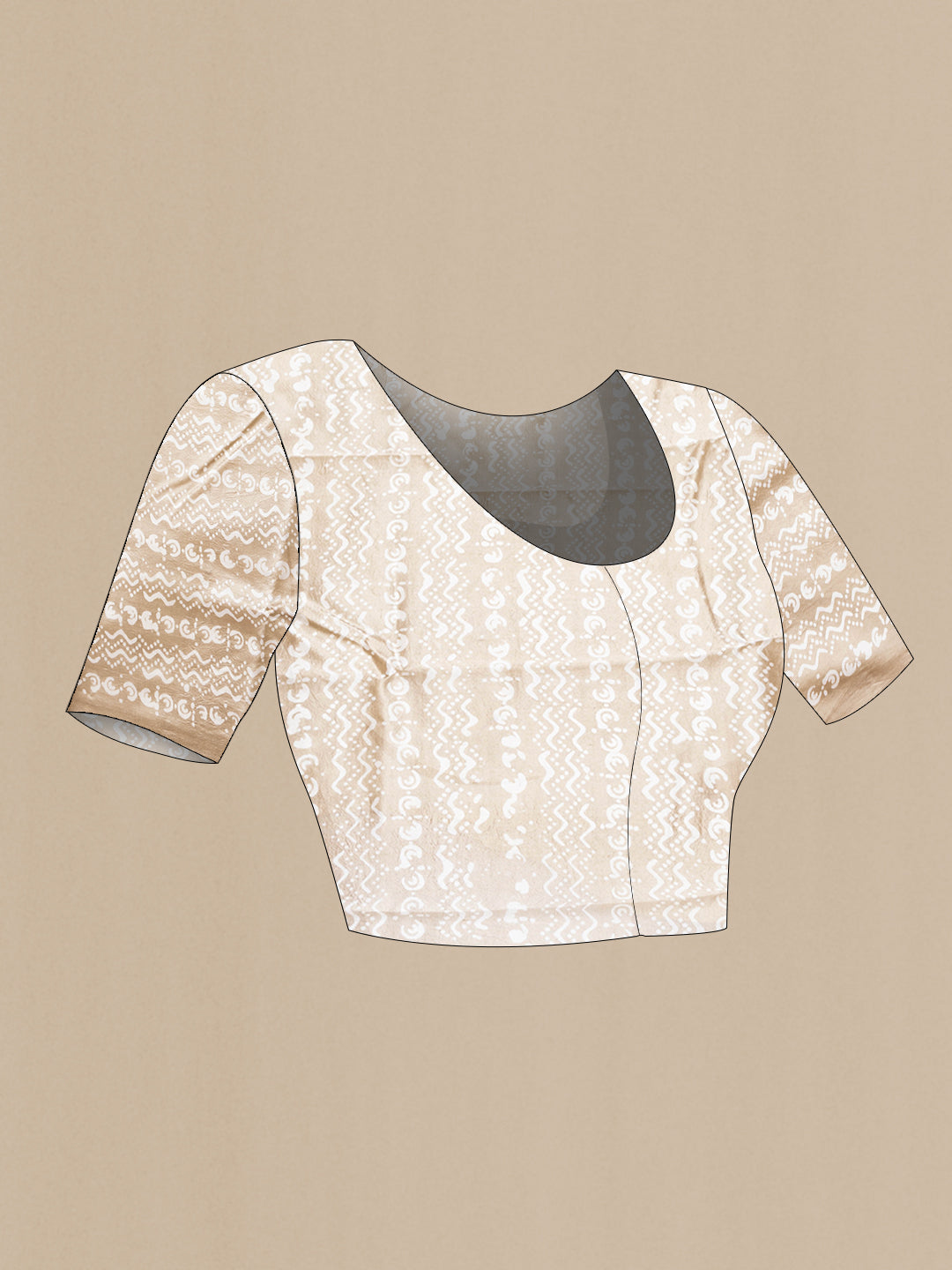 Close up image of the blouse of Beige Dual Tone Tussar Silk Saree with Printed design on the body and Printed Border. 