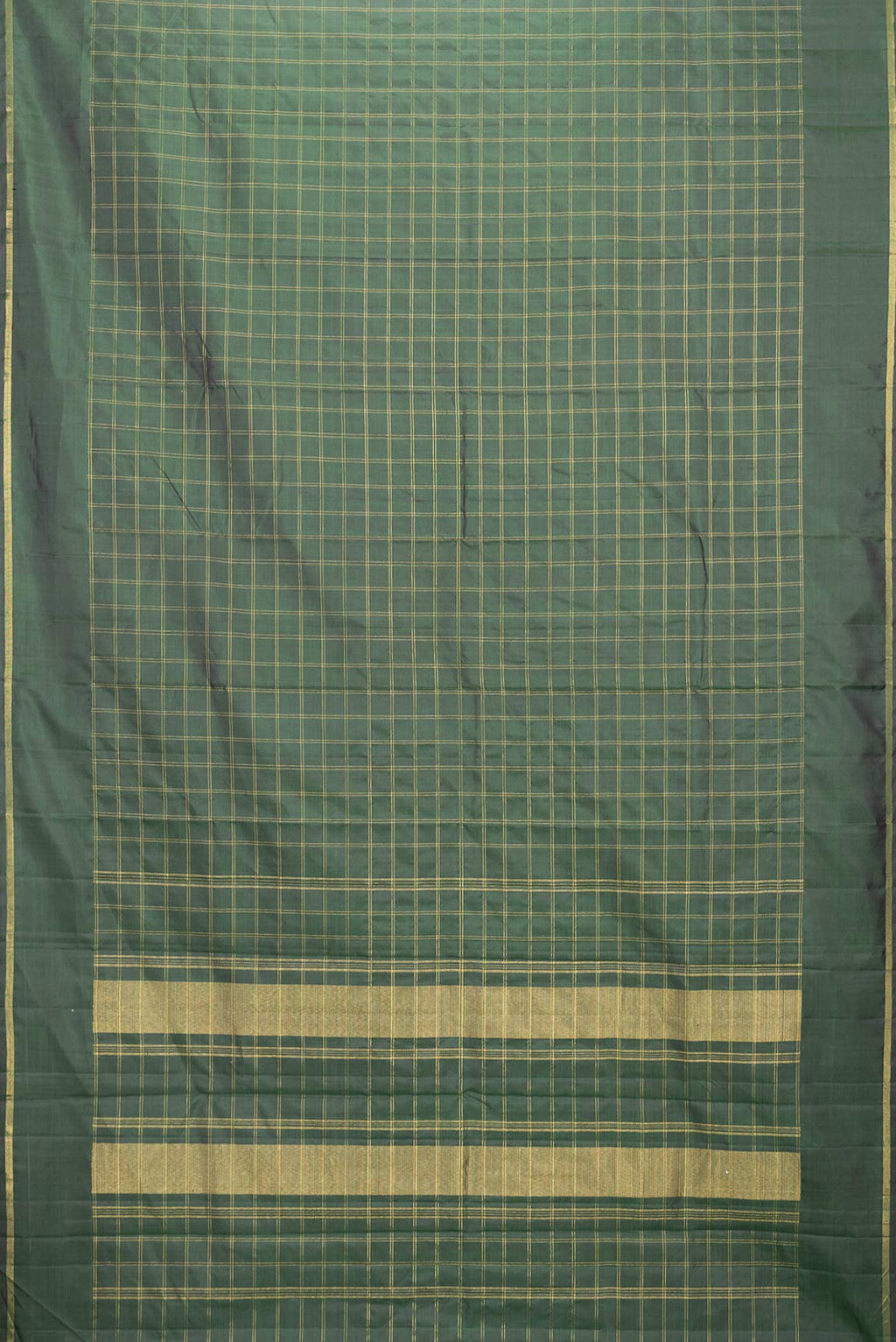 Flat view of Bottle Green Dual Tone Kanchipuram Saree with Checked design on the body and Zari Border. 