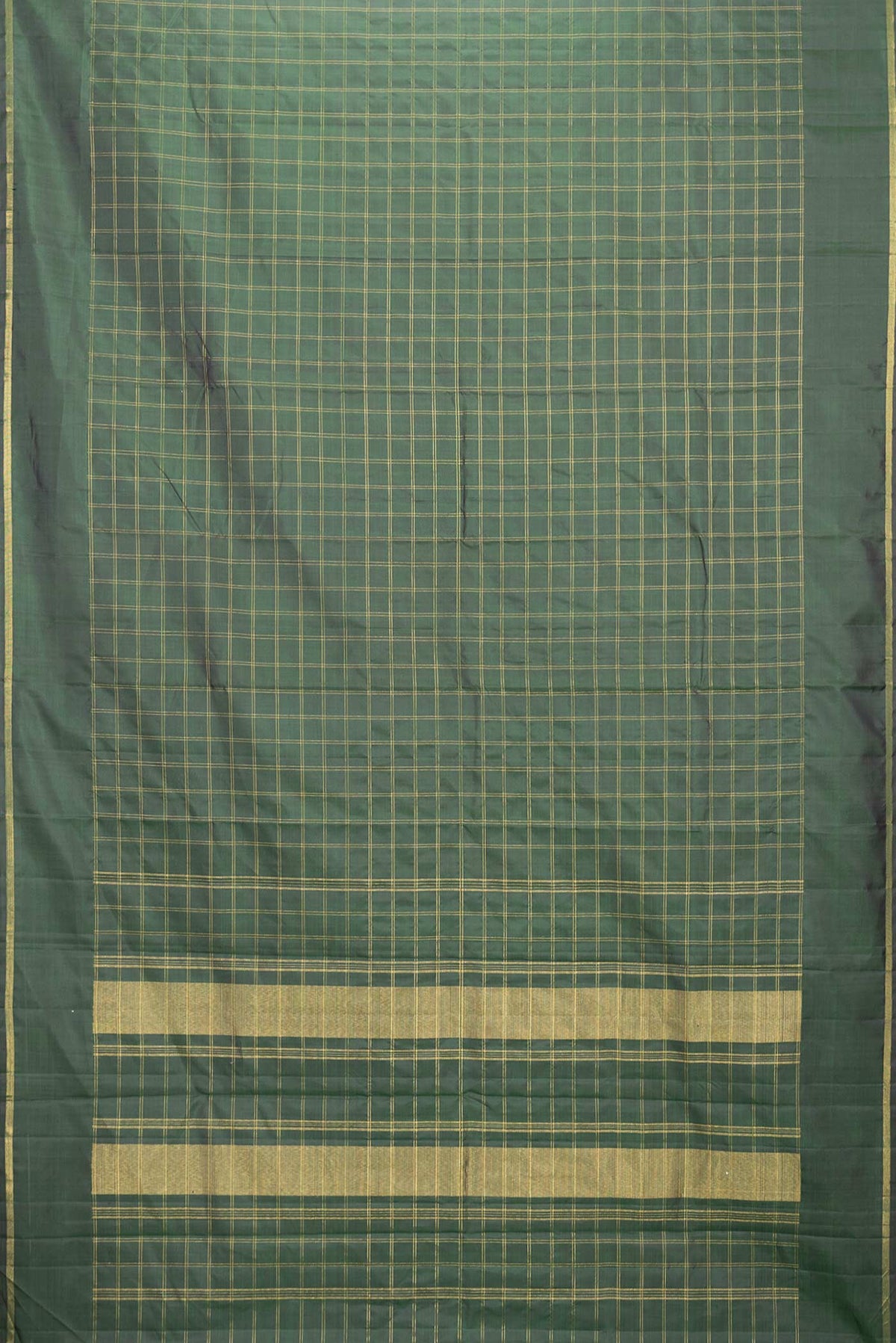 Flat view of Bottle Green Dual Tone Kanchipuram Saree with Checked design on the body and Zari Border. 