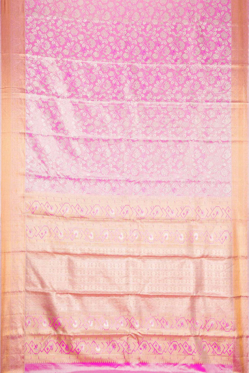 Flat view of Pink Dual Tone Kanchipuram Tissue Silk Saree with Zari Brocade on the body and Zari Border