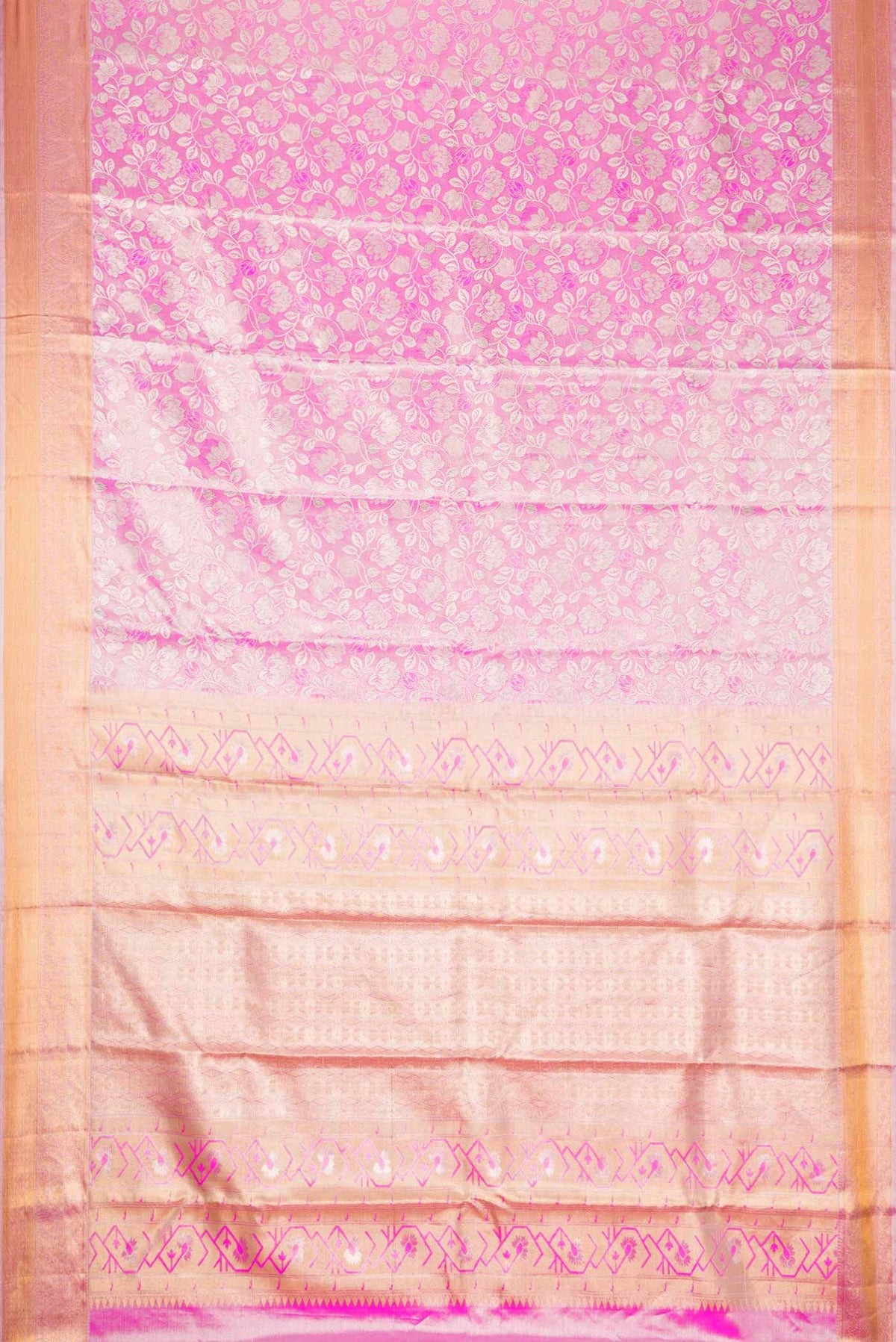 Flat view of Pink Dual Tone Kanchipuram Tissue Silk Saree with Zari Brocade on the body and Zari Border