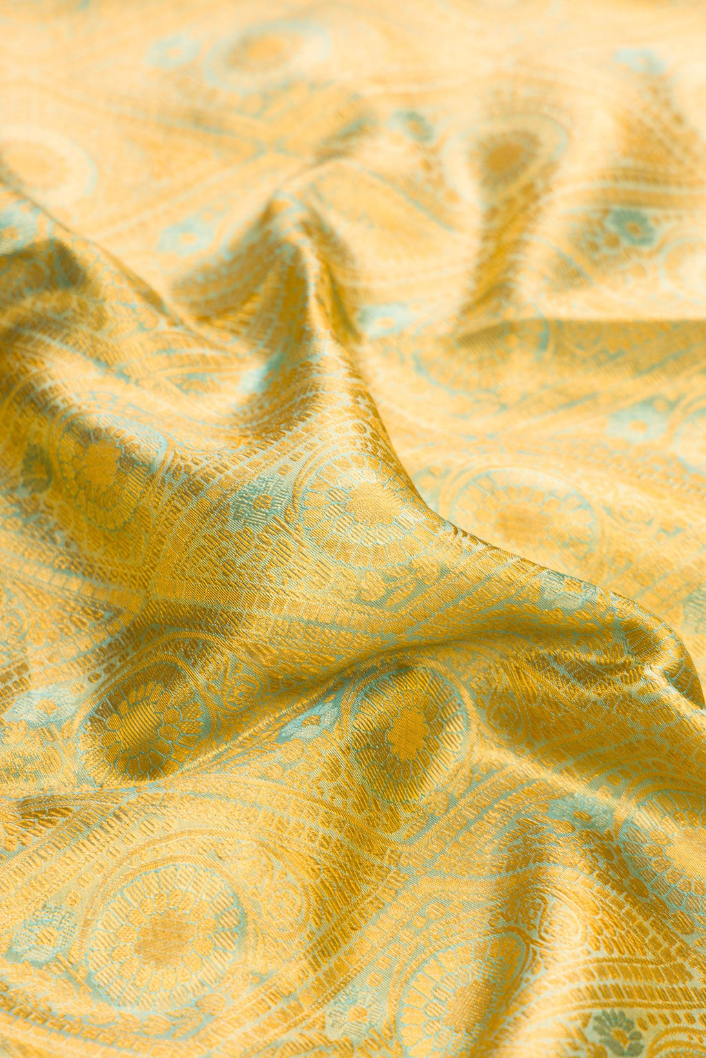 Close up of Gold Dual Tone Kanchipuram Tissue Silk Saree with Zari Brocade on the body and Zari Border.  displaying folds