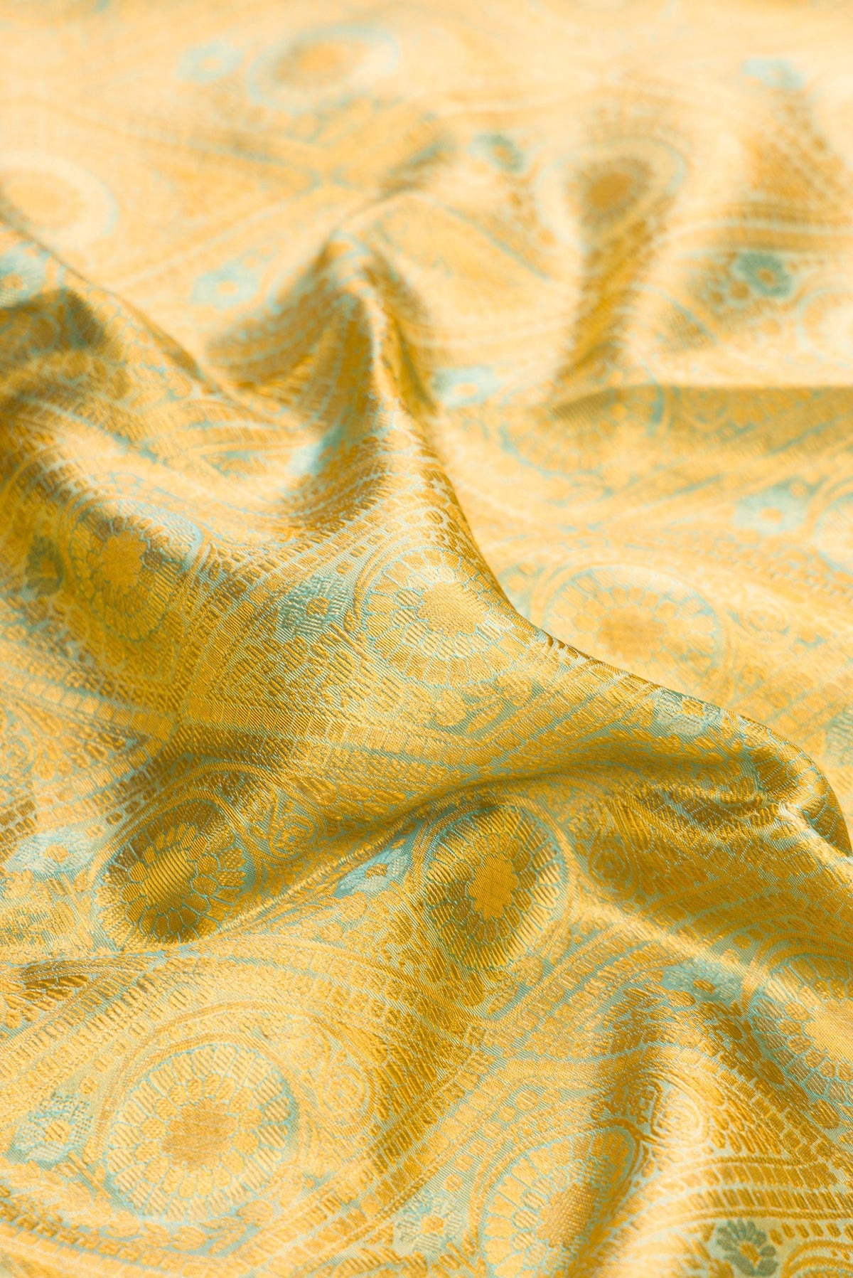 Close up of Gold Dual Tone Kanchipuram Tissue Silk Saree with Zari Brocade on the body and Zari Border.  displaying folds