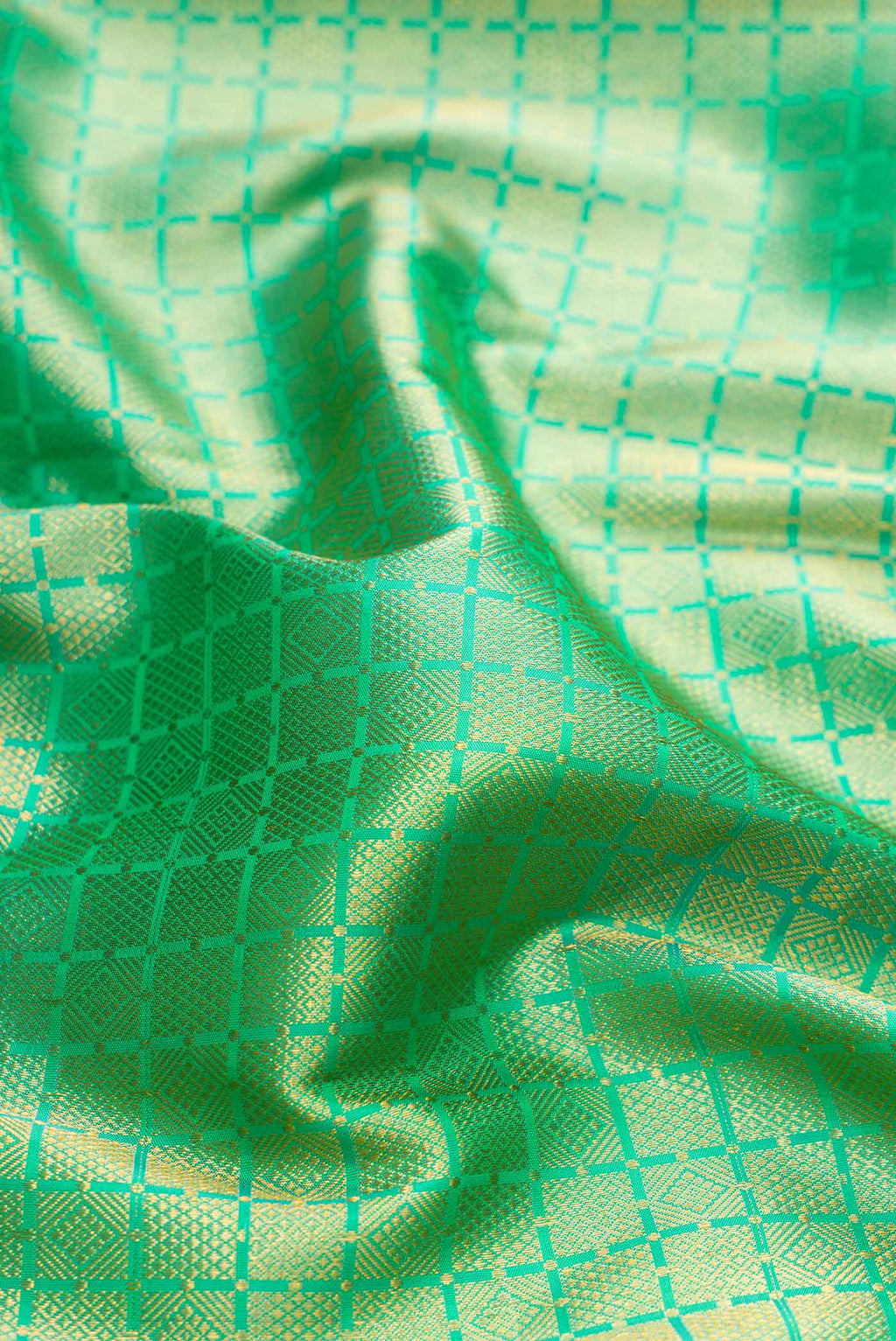 Close up of Green Dual Tone Kanjivaram Silk Saree with Zari Brocade on the body and Zari Border.  displaying folds