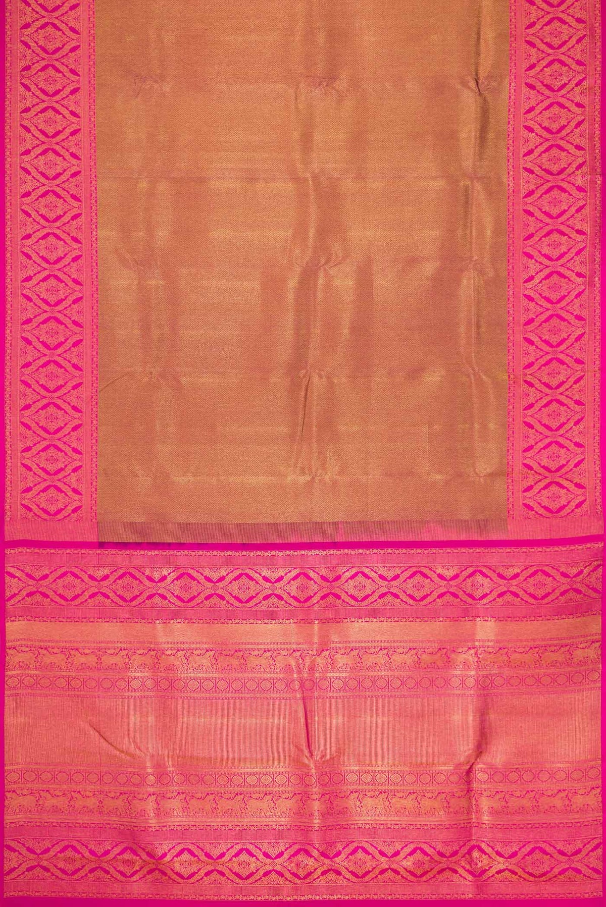 Flat view of Gold Dual Tone Kanchipuram Silk Saree with Zari Brocade on the body and Zari Border