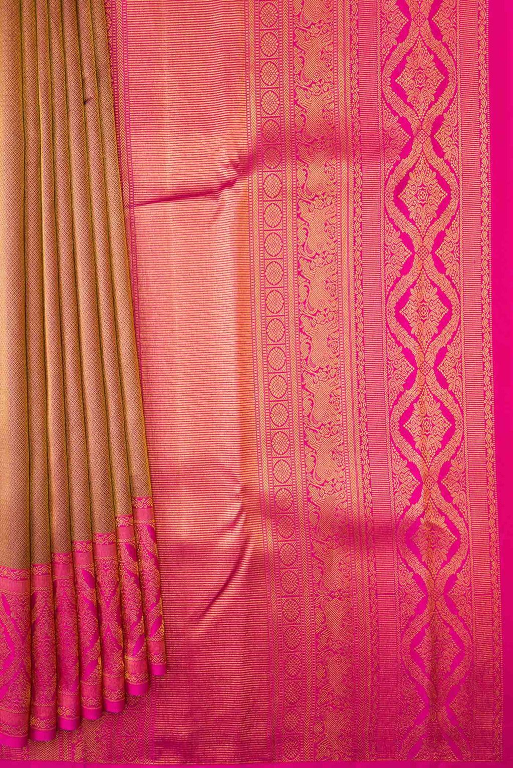 Pleats and pallu of Gold Dual Tone Kanchipuram Silk Saree with Zari Brocade on the body and Zari Border