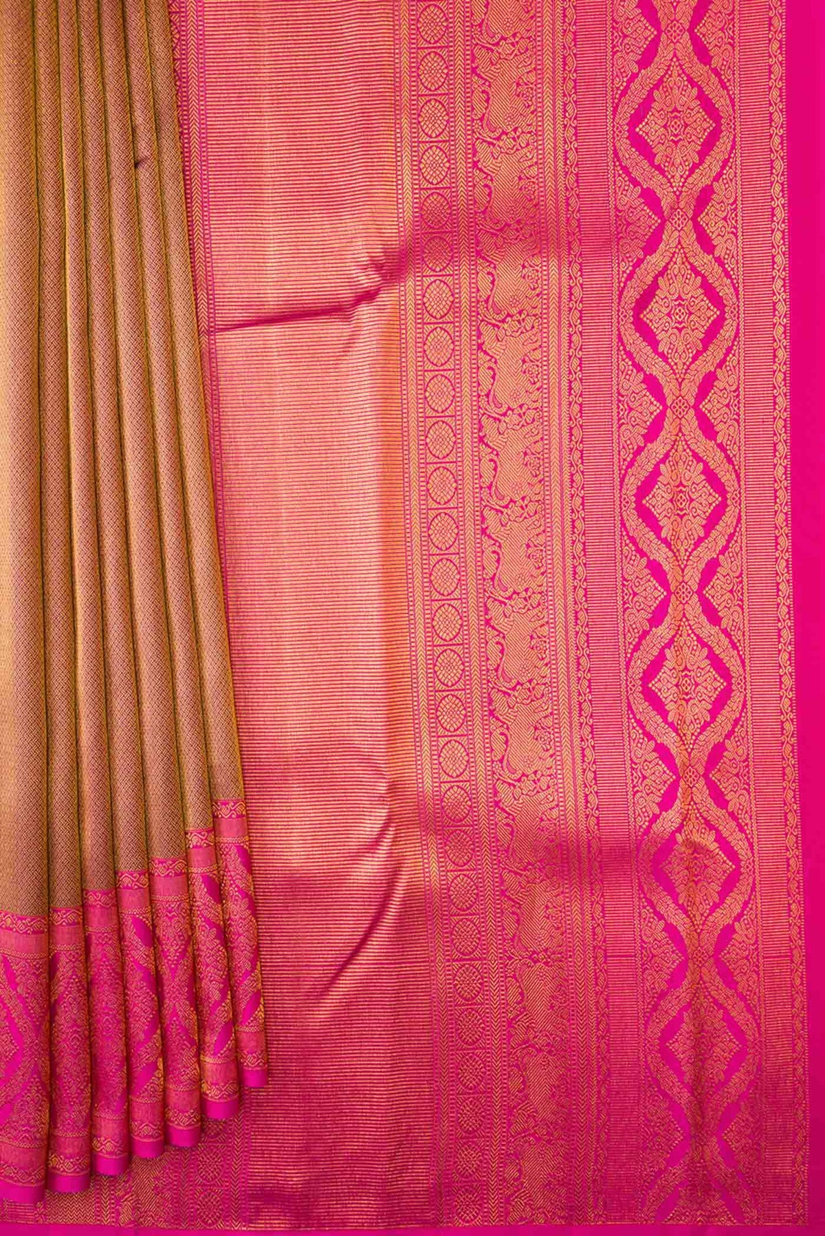 Pleats and pallu of Gold Dual Tone Kanchipuram Silk Saree with Zari Brocade on the body and Zari Border