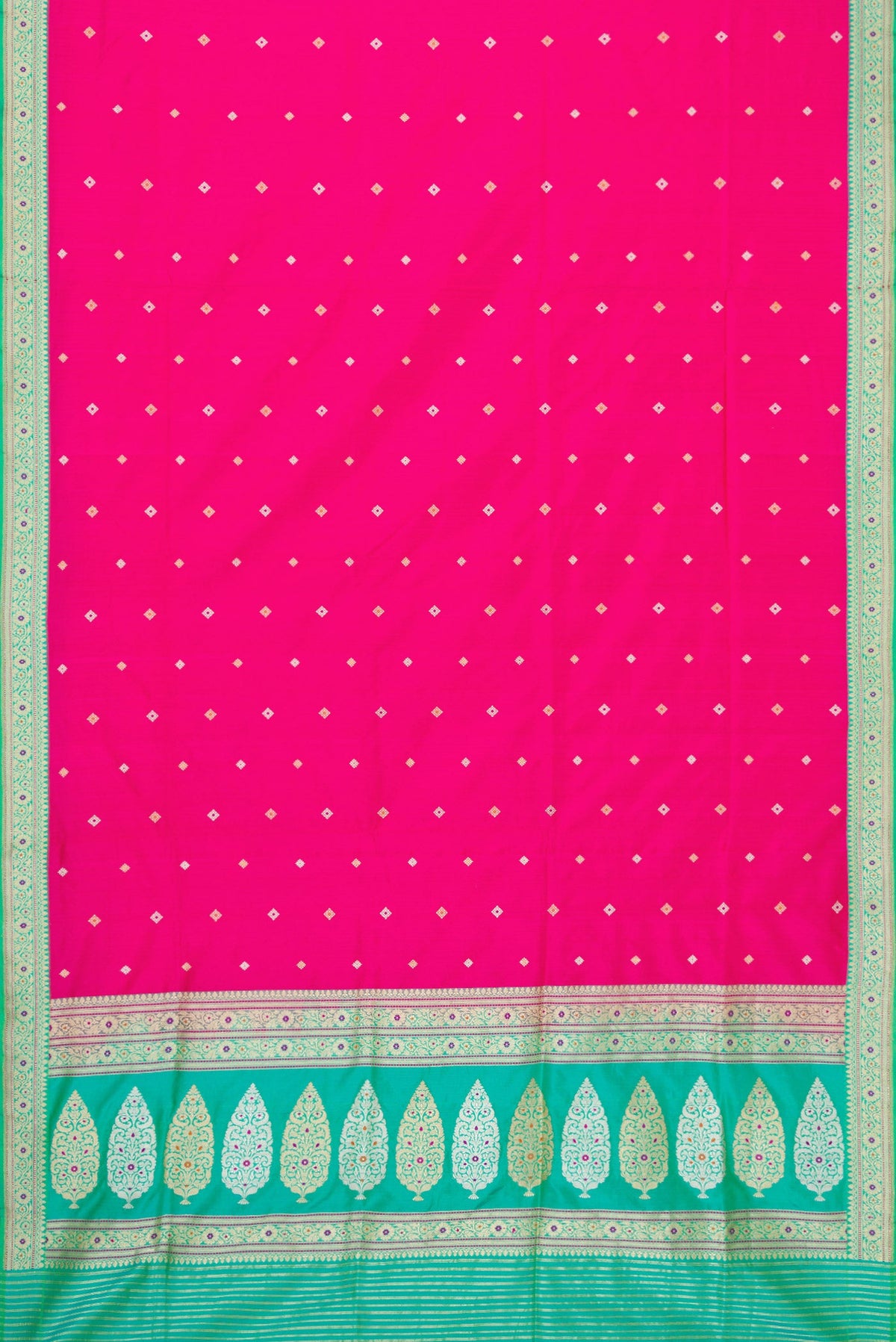 Flat view of Pink Dual Tone Banarasi Silk Saree with Zari Butta on the body and Zari Border. 