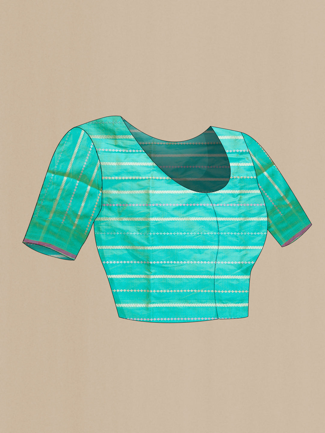 Close up image of the blouse of Sea Green Dual Tone Banarasi Silk Saree with Stripes on the body and Zari Border. 