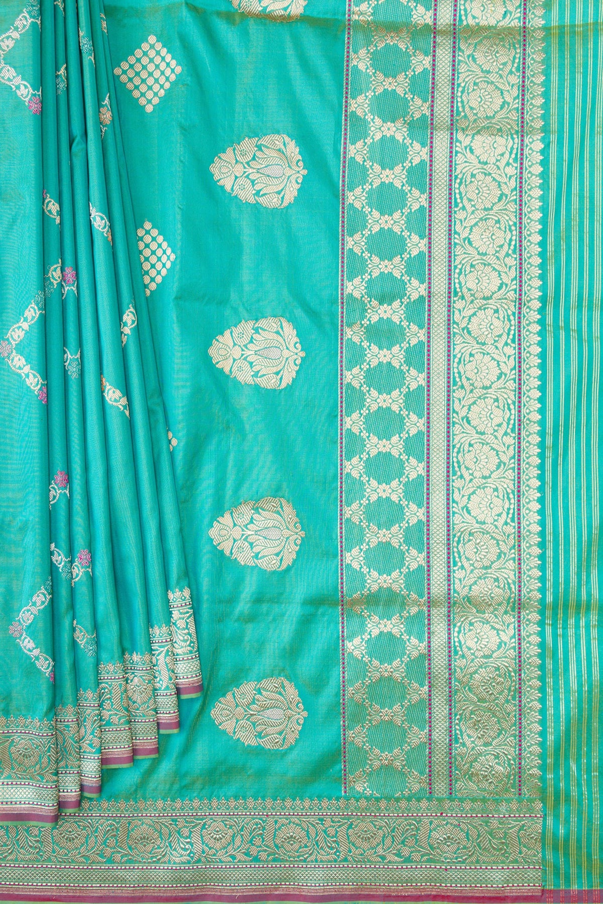 Pleats and pallu of Sea Green Dual Tone Banarasi Silk Saree with Stripes on the body and Zari Border. 