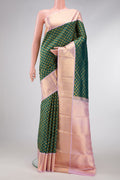 Bottle Green Dual Tone Kanchipuram Silk Saree with Zari Brocade on the body and Zari Border.  displayed on a mannequin