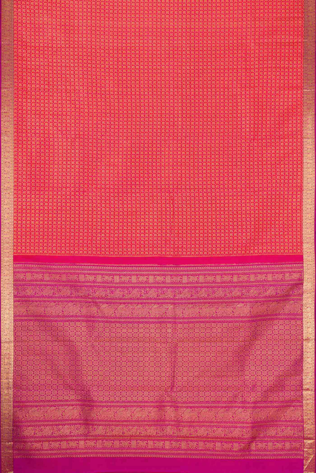 Flat view of Pink Dual Tone Kanjivaram Silk Saree with Zari Brocade on the body and Zari Border. 
