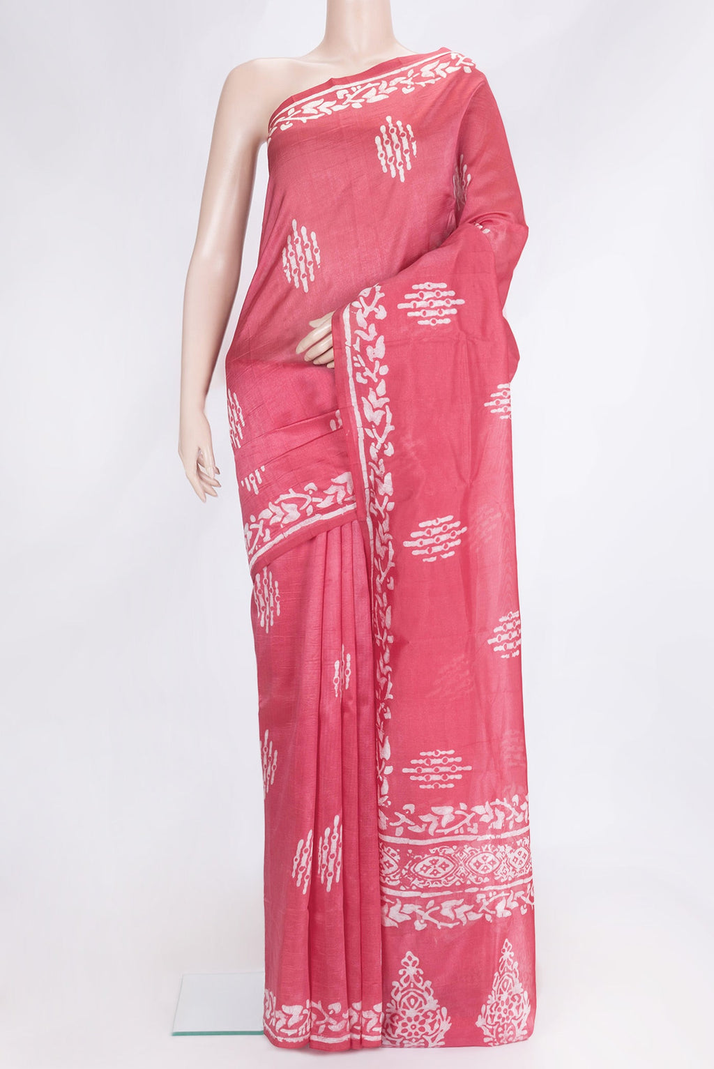 Pink Dual Tone Tussar Silk Saree with Printed design on the body and Printed Border.  displayed on a mannequin