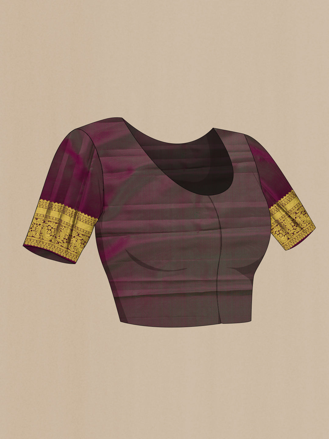 Close up image of the blouse of Burgundy Dual Tone Kanchipuram Silk Saree with Zari Brocade on the body and Zari Border