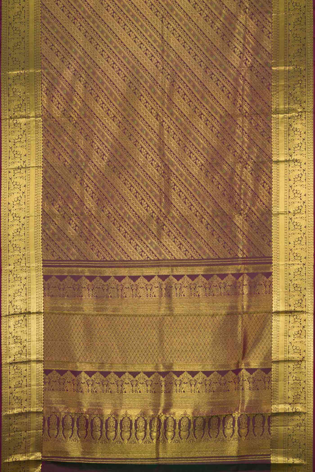 Flat view of Burgundy Dual Tone Kanchipuram Silk Saree with Zari Brocade on the body and Zari Border