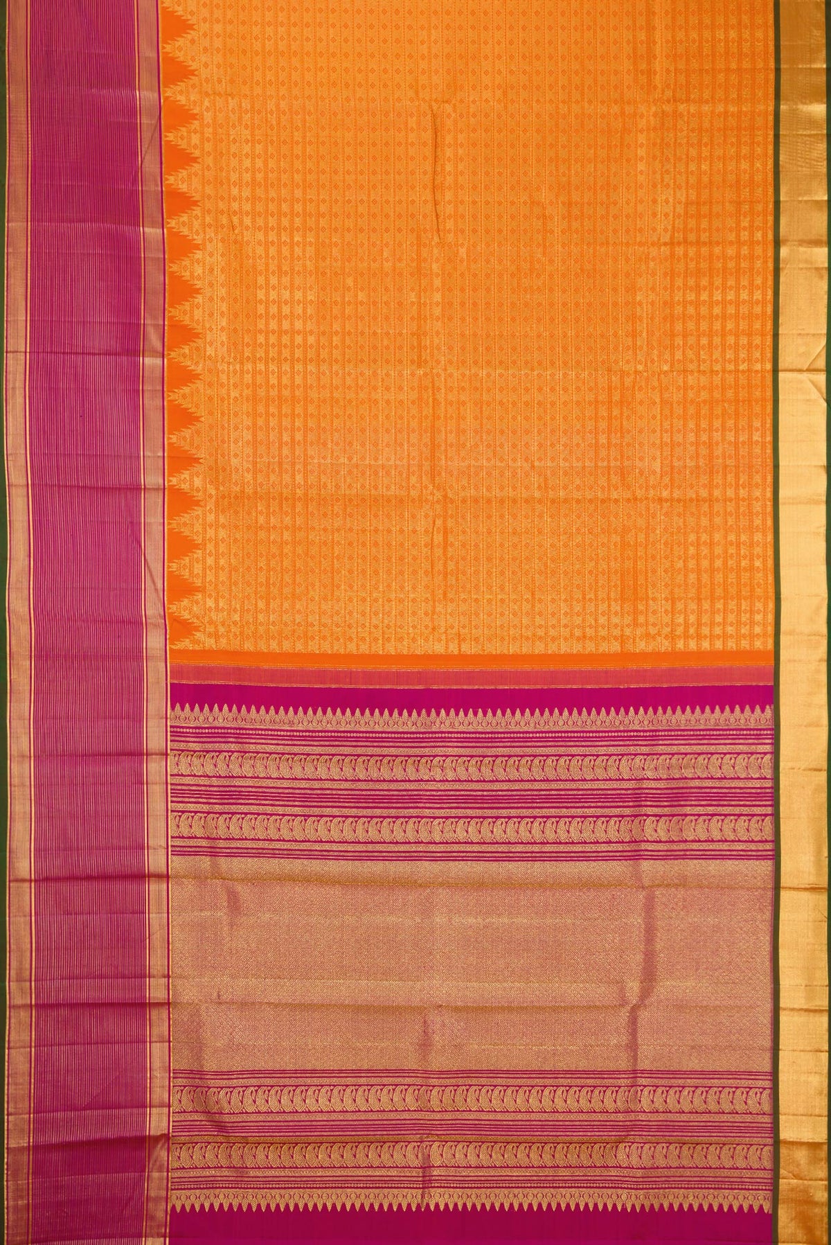 Flat view of Orange Kanjivaram Silk Saree with Zari Brocade on the body and Zari Border. 