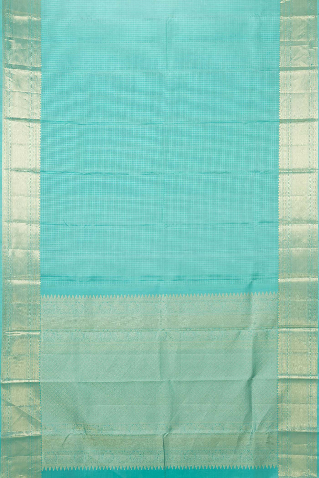 Flat view of Sea Green Dual Tone Kanchipuram Saree with Checked design on the body and Zari Border