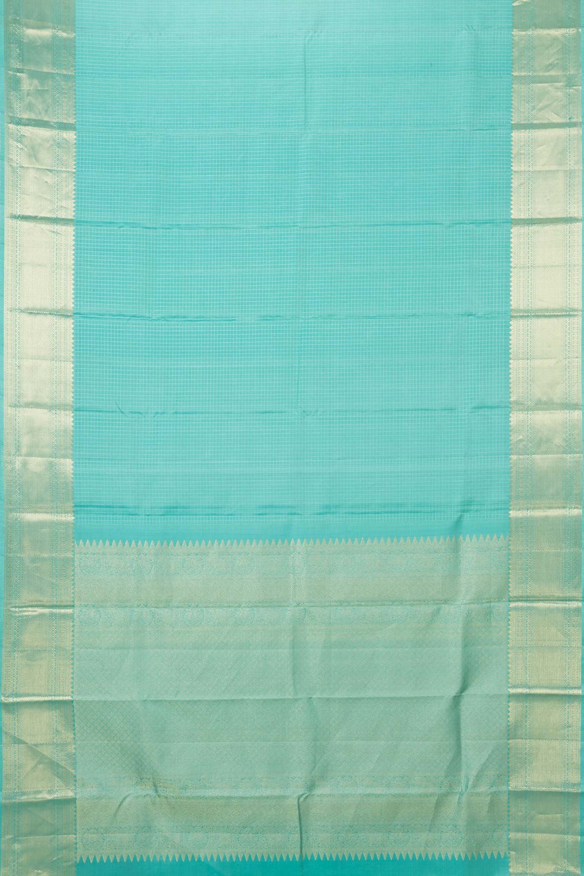 Flat view of Sea Green Dual Tone Kanchipuram Saree with Checked design on the body and Zari Border
