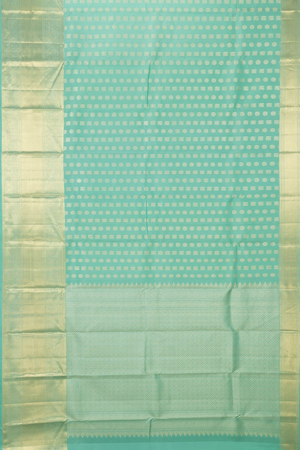 Flat view of Sea Green Dual Tone Kanchipuram Saree with Zari Butta on the body and Zari Border