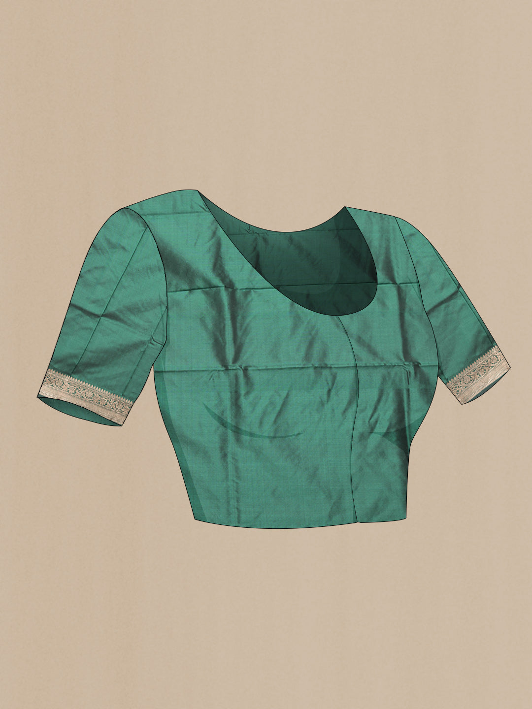 Close up image of the blouse of Bottle Green Dual Tone Banarasi Silk Saree with Zari Butta on the body and Zari Border. 