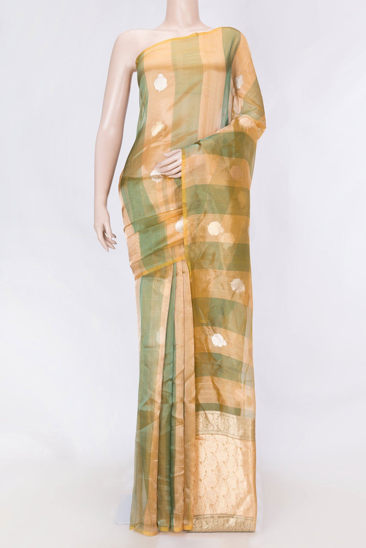 Green Dual Tone Organza Silk Saree with Stripes on the body and Without Border displayed on a mannequin