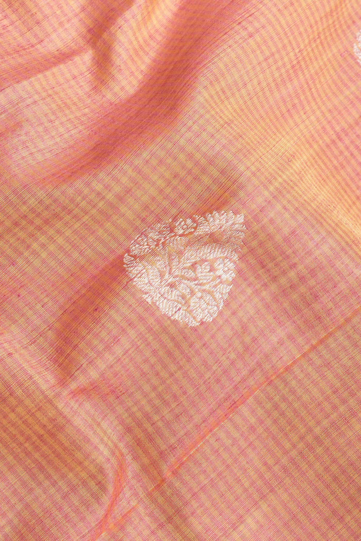 Close up of Sandal Dual Tone Raw Silk Saree with Zari Butta on the body and Thread Border.  displaying folds