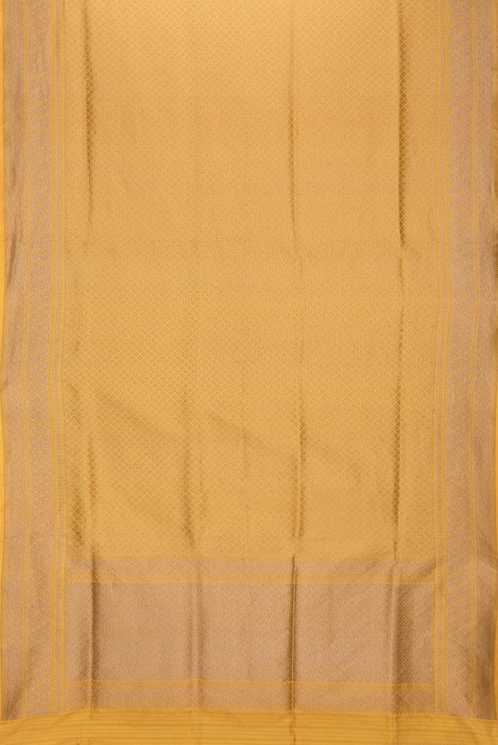 Flat view of Yellow Dual Tone Banarasi Silk Saree with Zari Brocade on the body and Zari Border. 