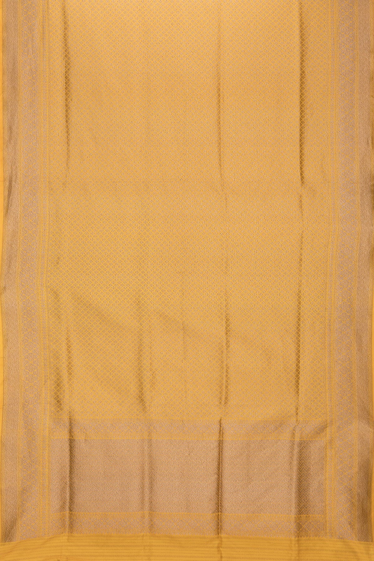Flat view of Yellow Dual Tone Banarasi Silk Saree with Zari Brocade on the body and Zari Border. 