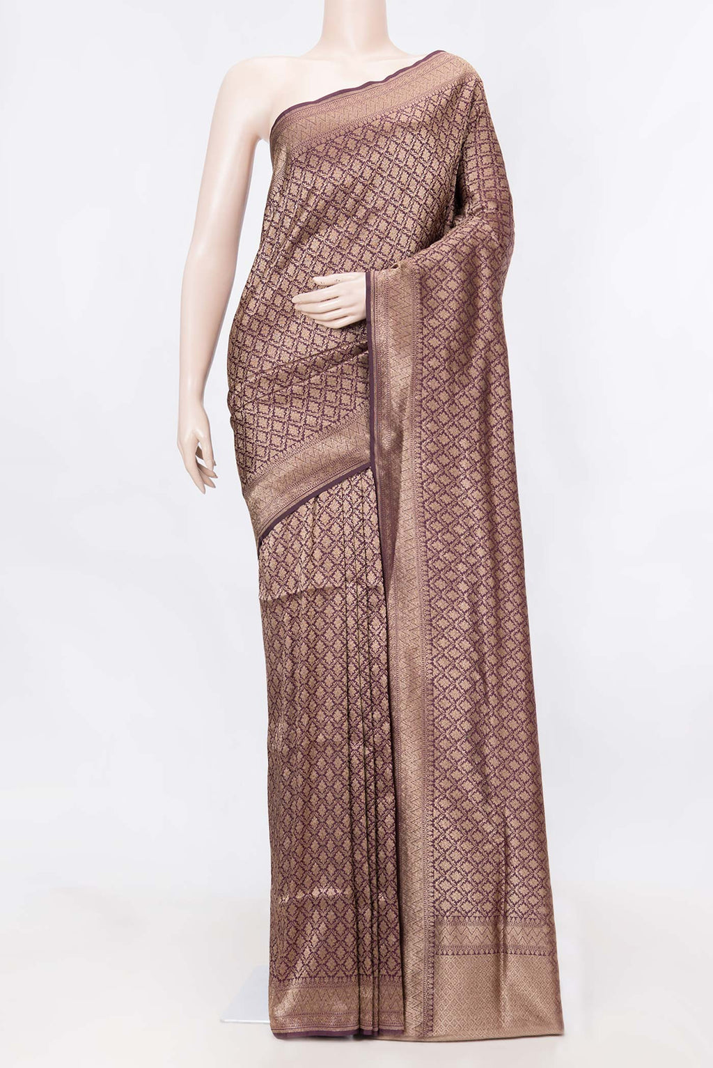 Burgundy Dual Tone Banarasi Silk Saree with Zari Brocade on the body and Zari Border displayed on a mannequin