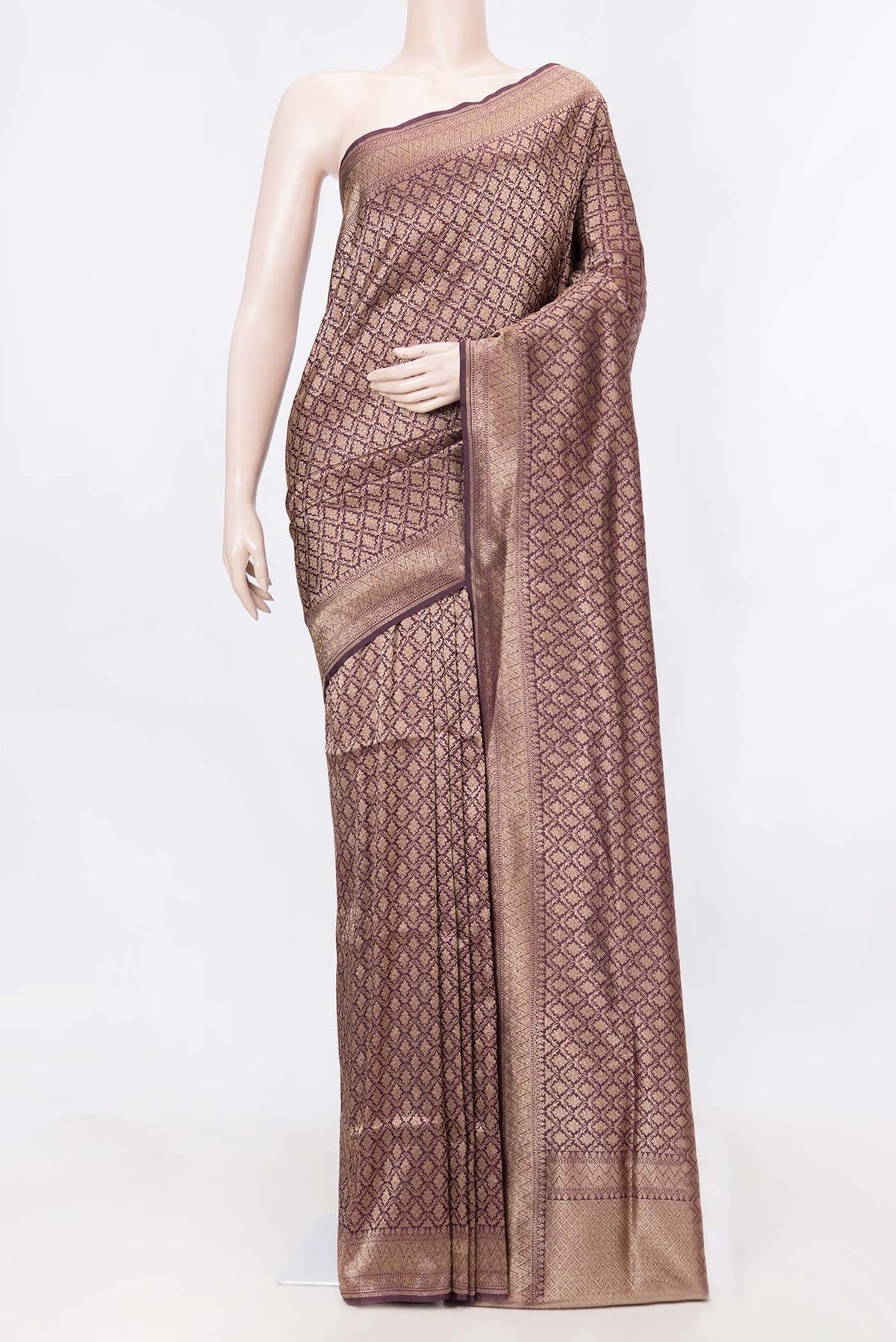 Burgundy Dual Tone Banarasi Silk Saree with Zari Brocade on the body and Zari Border displayed on a mannequin