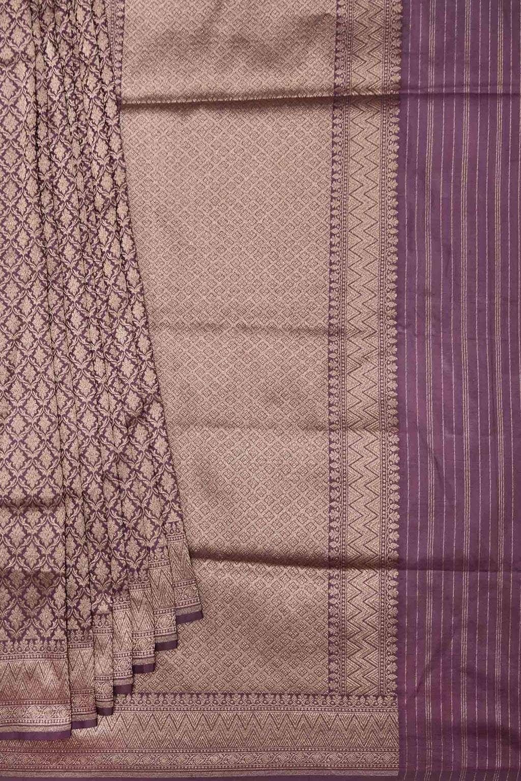 Pleats and pallu of Burgundy Dual Tone Banarasi Silk Saree with Zari Brocade on the body and Zari Border