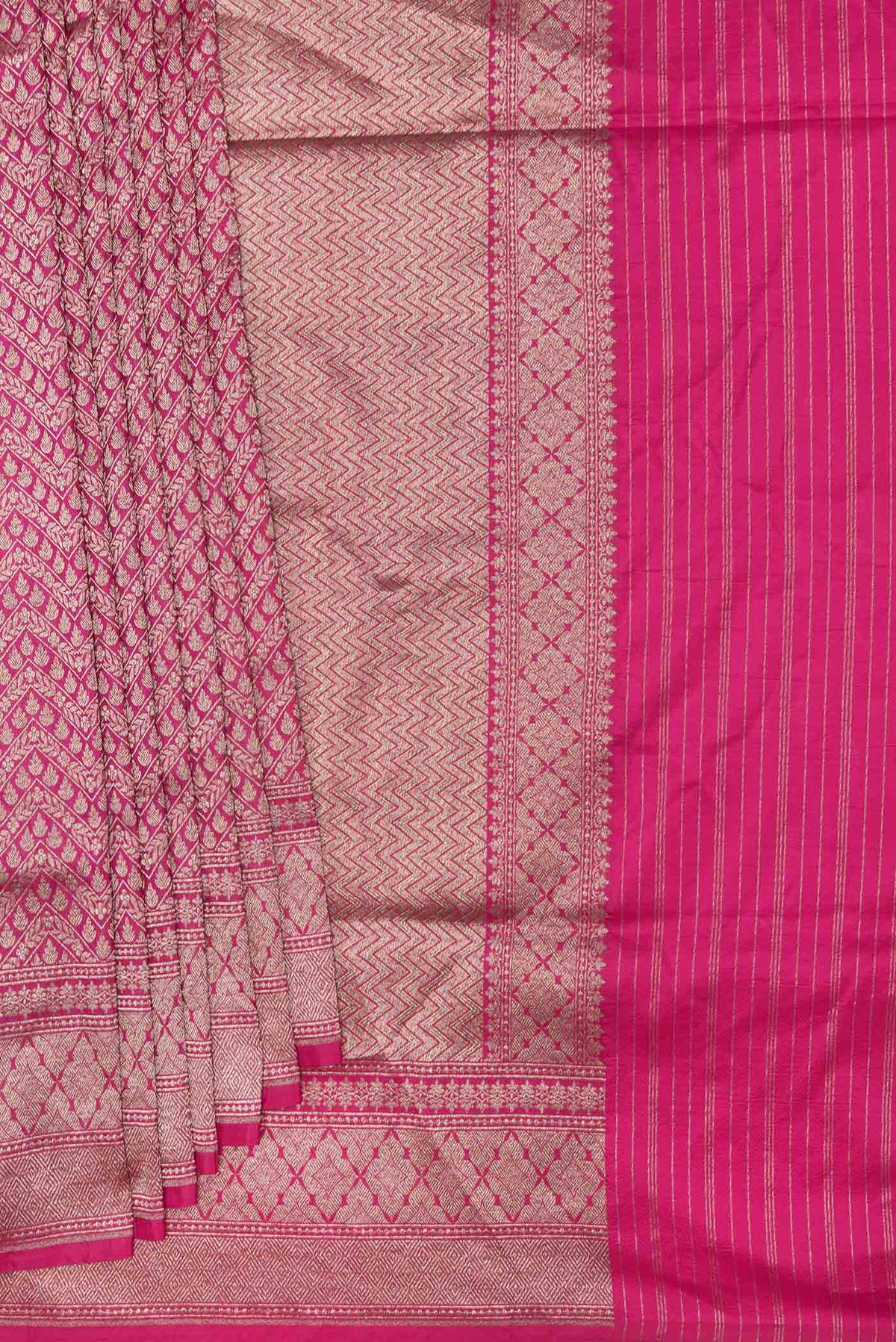 Pleats and pallu of Dark Pink Dual Tone Banarasi Silk Saree with Zari Brocade on the body and Zari Border