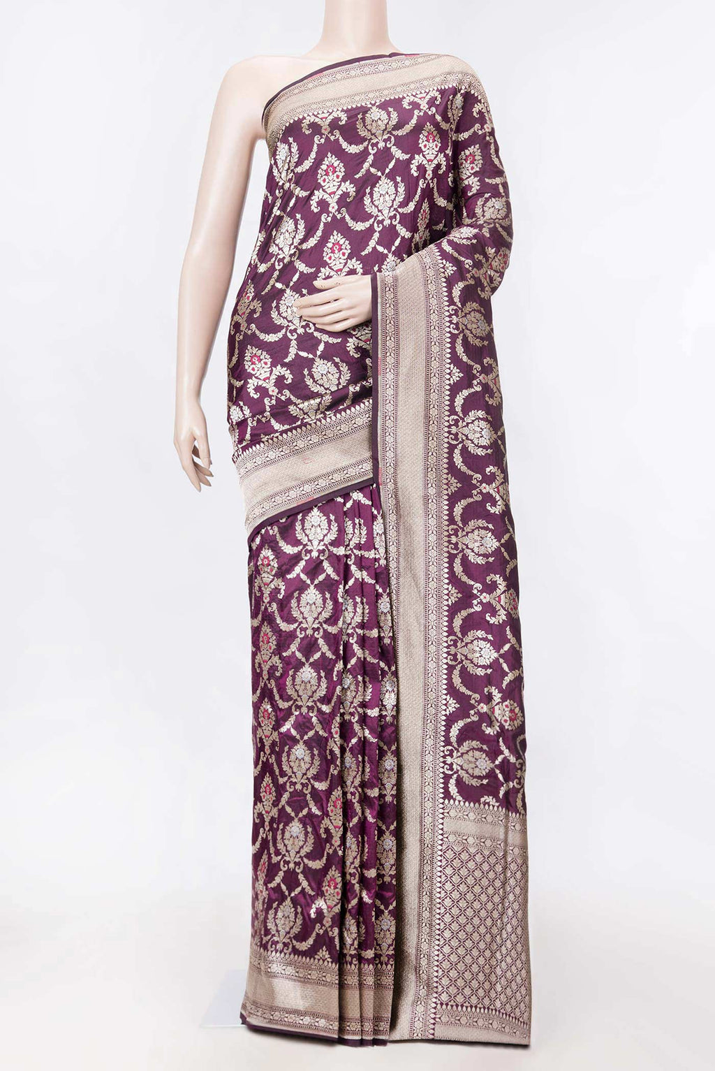 Burgundy Dual Tone Banarasi Silk Saree with Zari Brocade on the body and Zari Border displayed on a mannequin