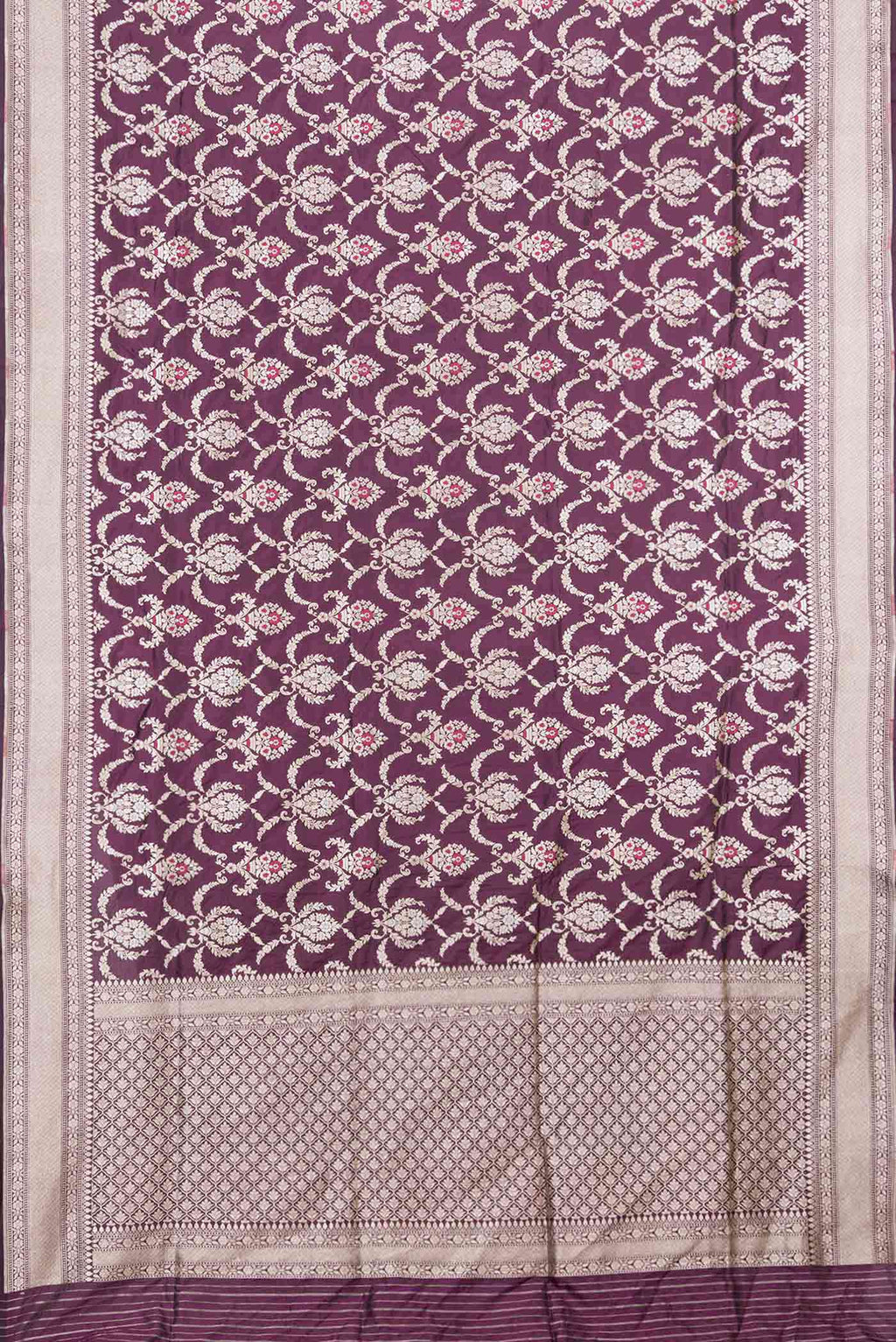 Flat view of Burgundy Dual Tone Banarasi Silk Saree with Zari Brocade on the body and Zari Border