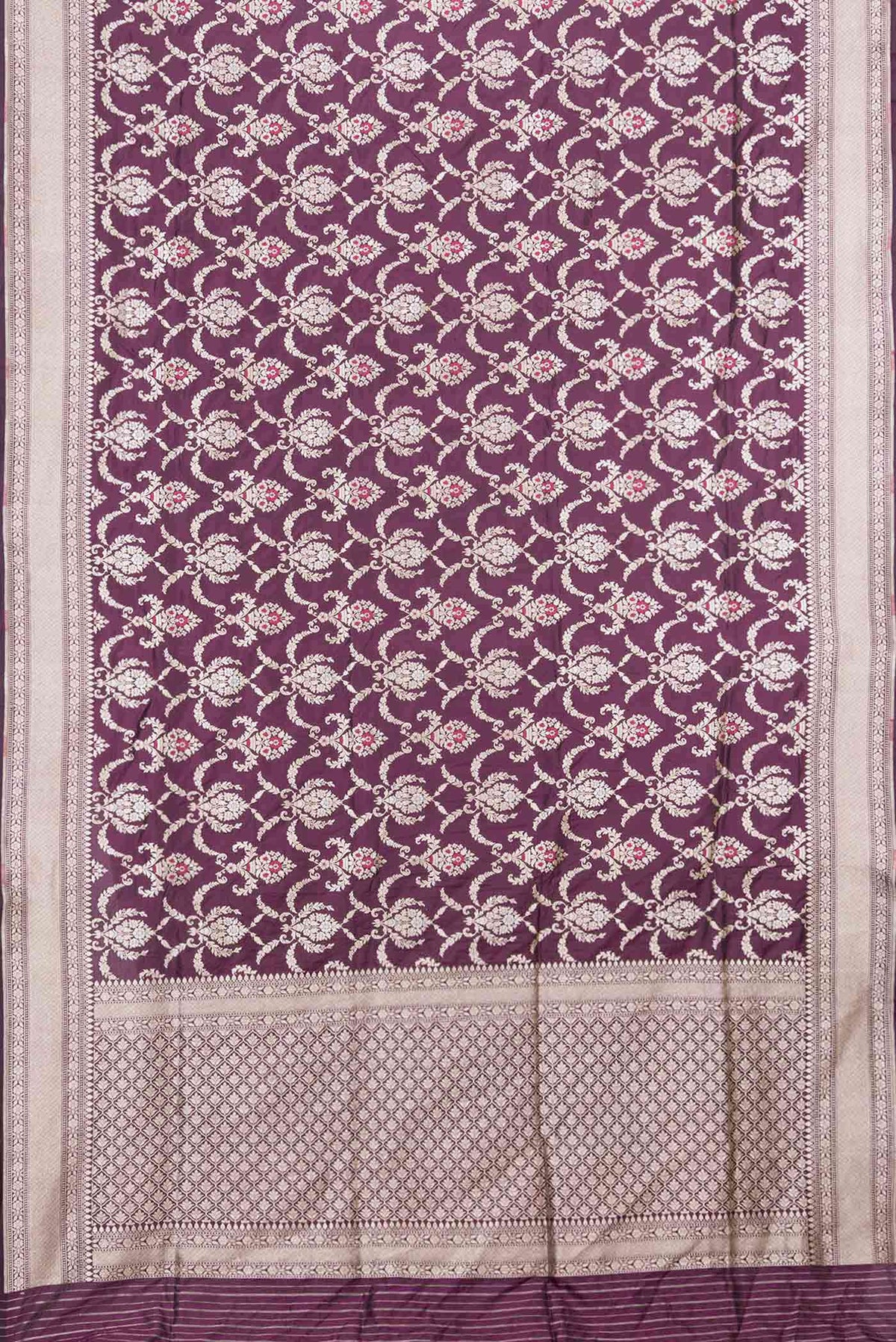 Flat view of Burgundy Dual Tone Banarasi Silk Saree with Zari Brocade on the body and Zari Border