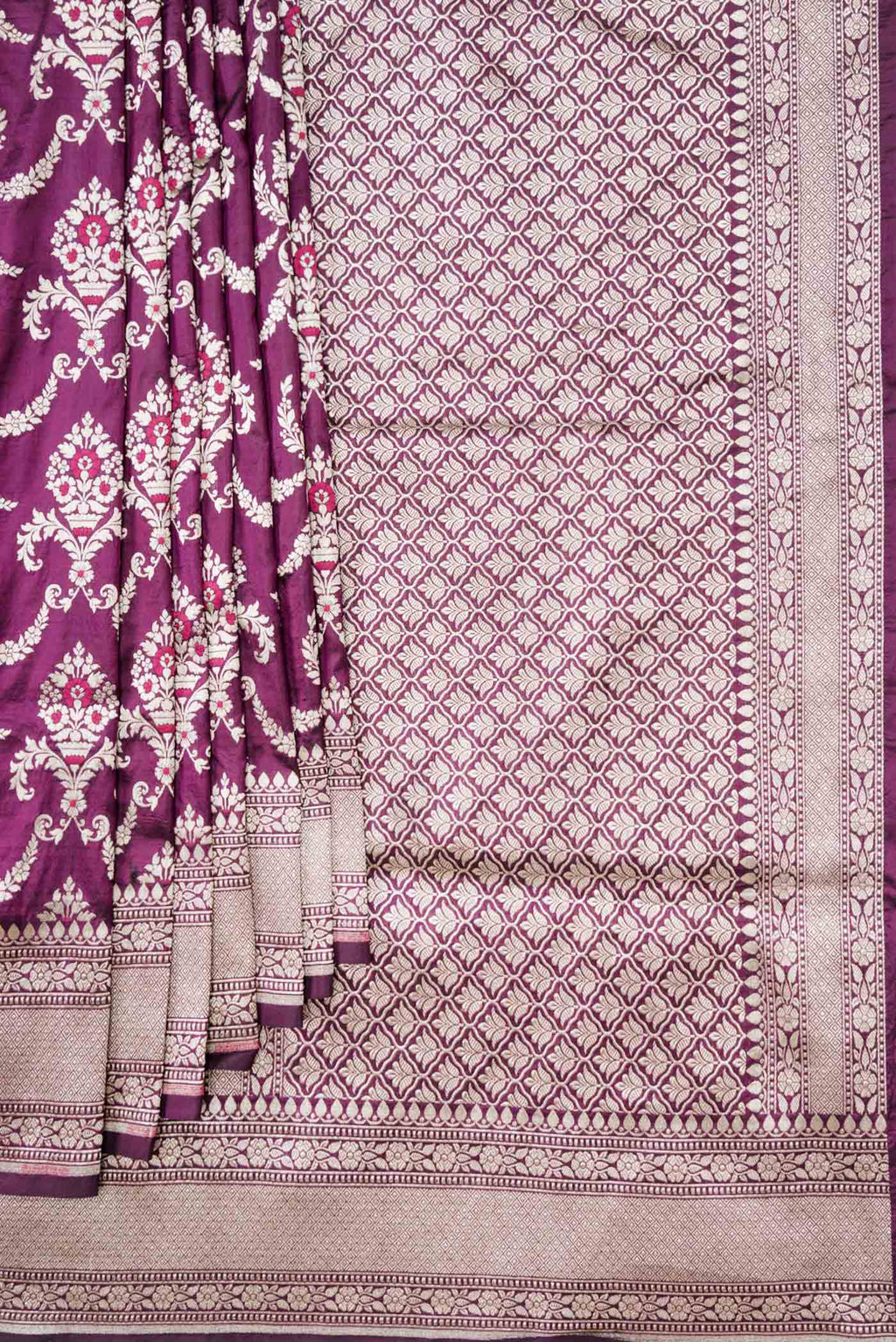 Pleats and pallu of Burgundy Dual Tone Banarasi Silk Saree with Zari Brocade on the body and Zari Border