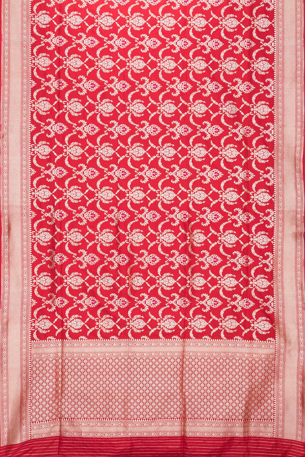 Flat view of Red Dual Tone Banarasi Silk Saree with Zari Brocade on the body and Zari Border. 