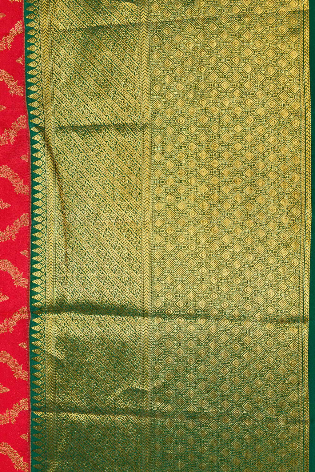 Border image of Red Dual Tone Kanchipuram Silk Saree with Zari Brocade on the body and Zari Border. 