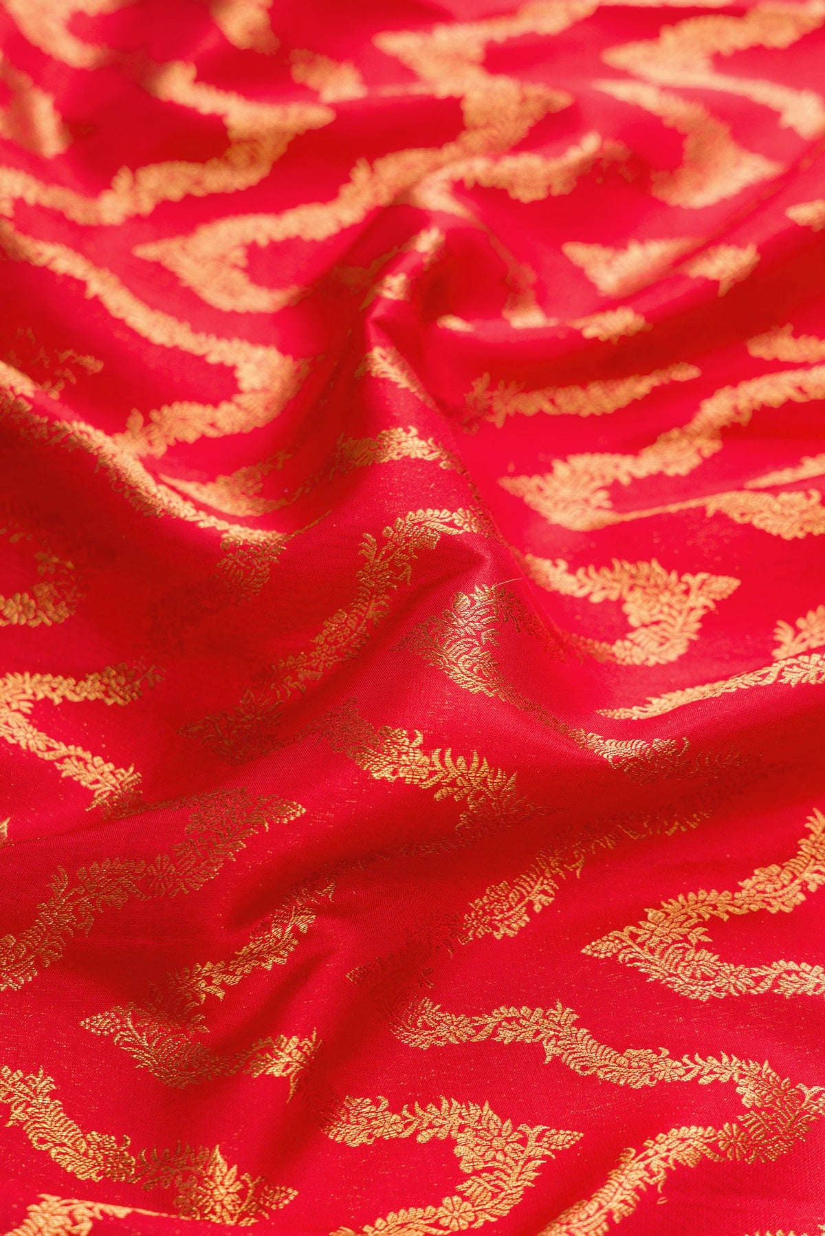 Close up of Red Dual Tone Kanchipuram Silk Saree with Zari Brocade on the body and Zari Border.  displaying folds